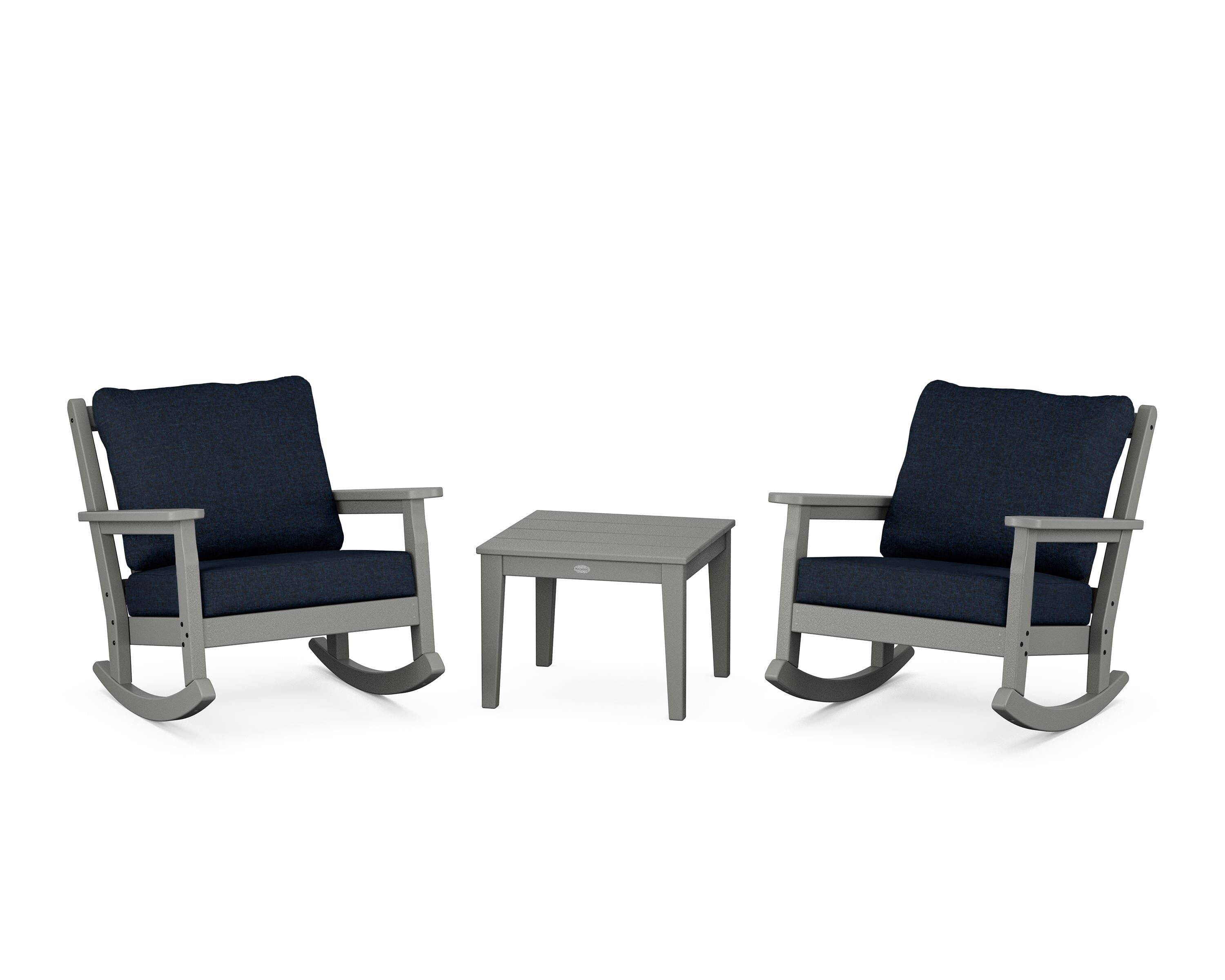 POLYWOOD® Chippendale 3-Piece Deep Seating Rocker Set in Slate Grey / Marine Indigo