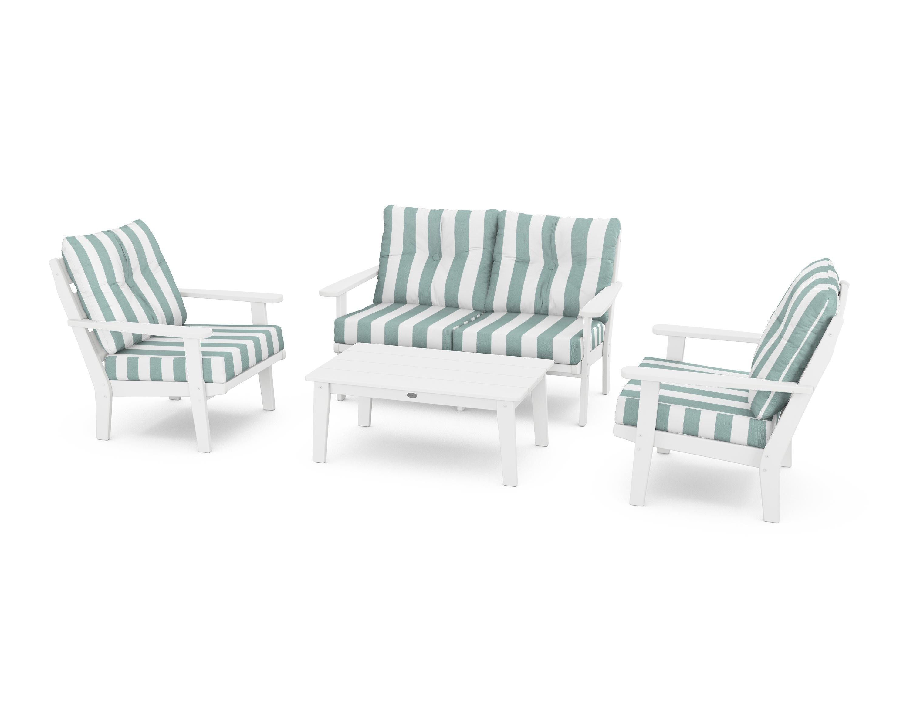 POLYWOOD® Lakeside 4-Piece Deep Seating Set in White / Cabana Stripe Glacier Spa