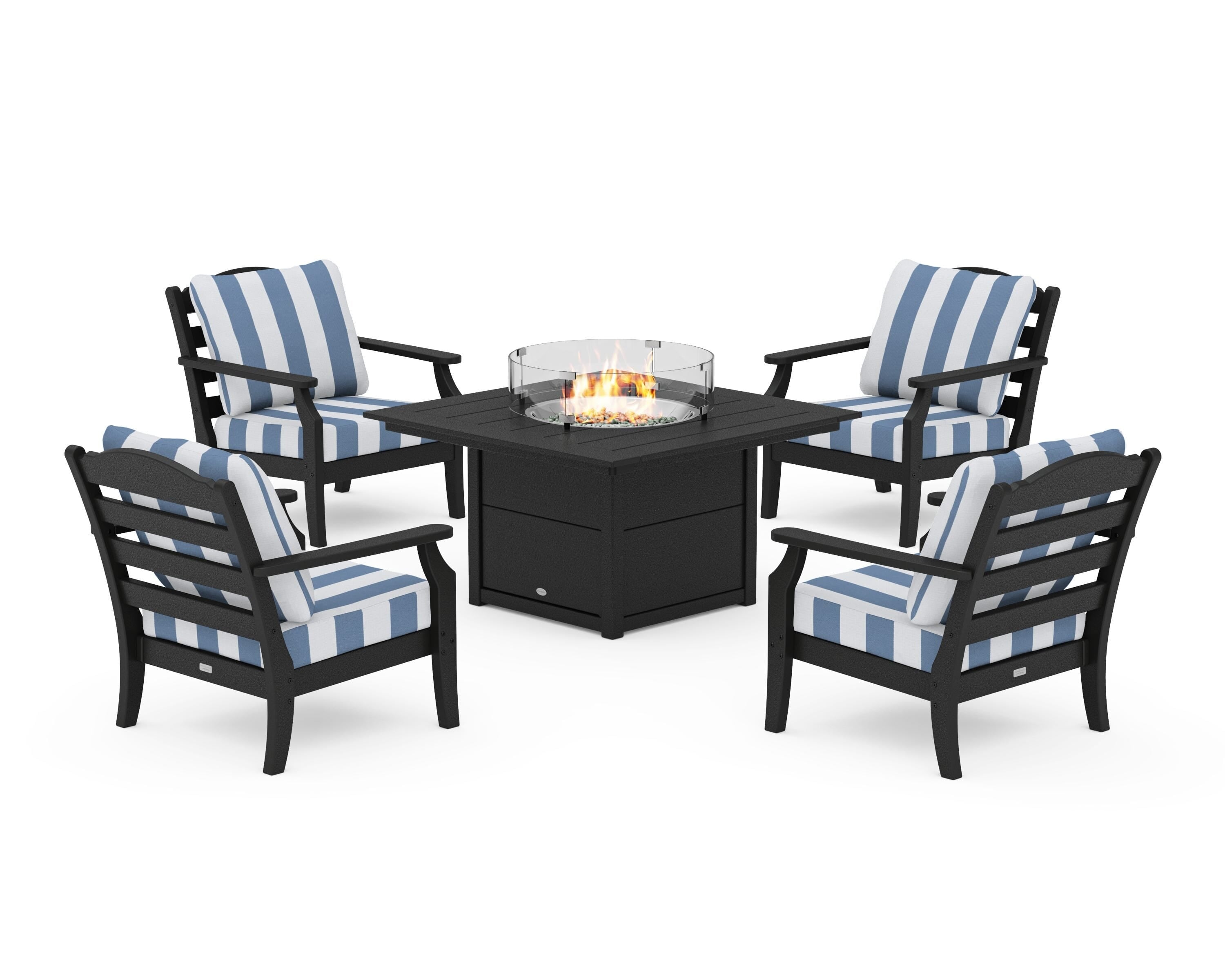 Draper James™ by POLYWOOD® Savannah 5-Piece Deep Seating Set with Fire Pit Table in Black / Cabana Stripe Sky Blue