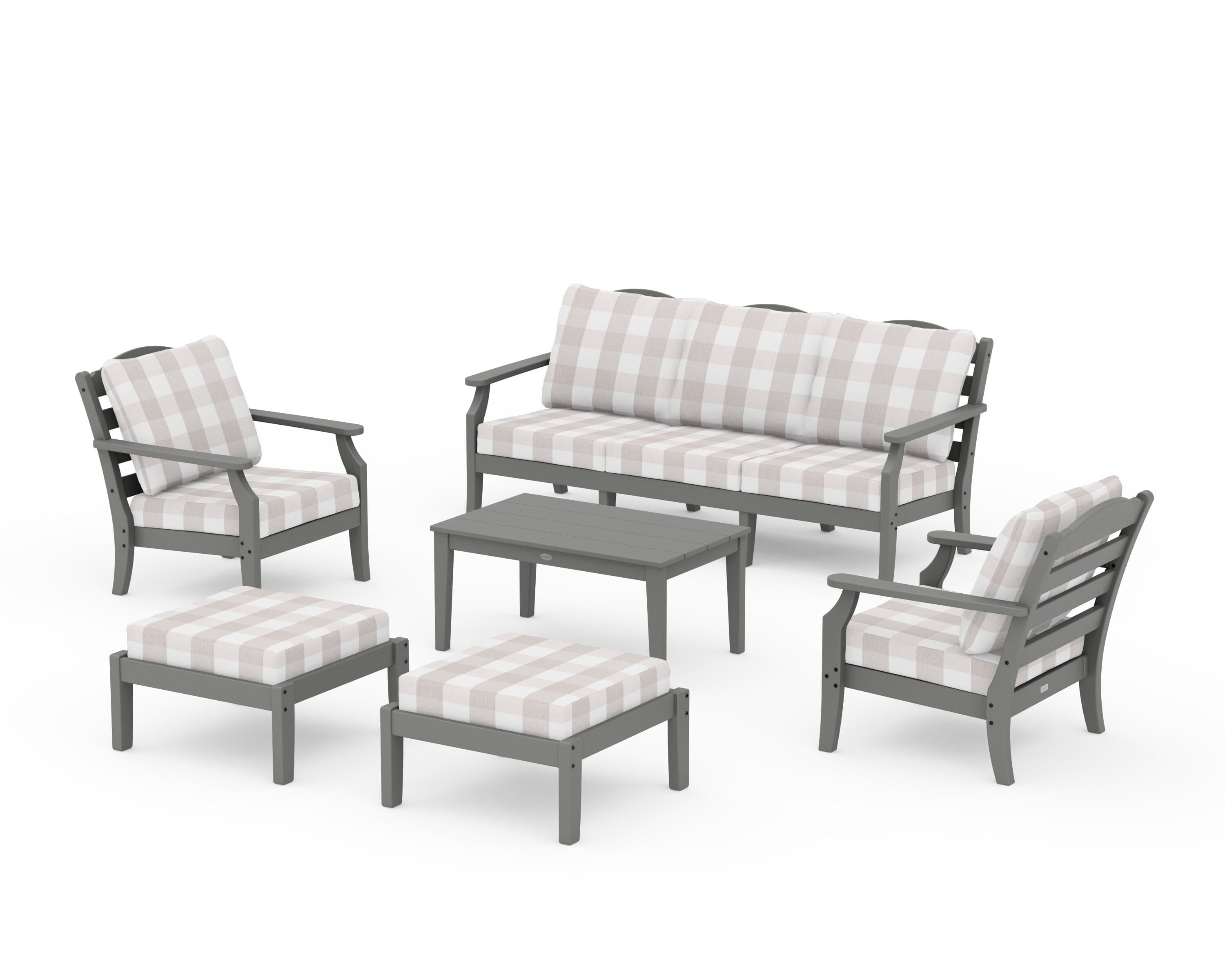Draper James™ by POLYWOOD® Savannah 6-Piece Lounge Sofa Set in Slate Grey / Buffalo Plaid Dune Burlap
