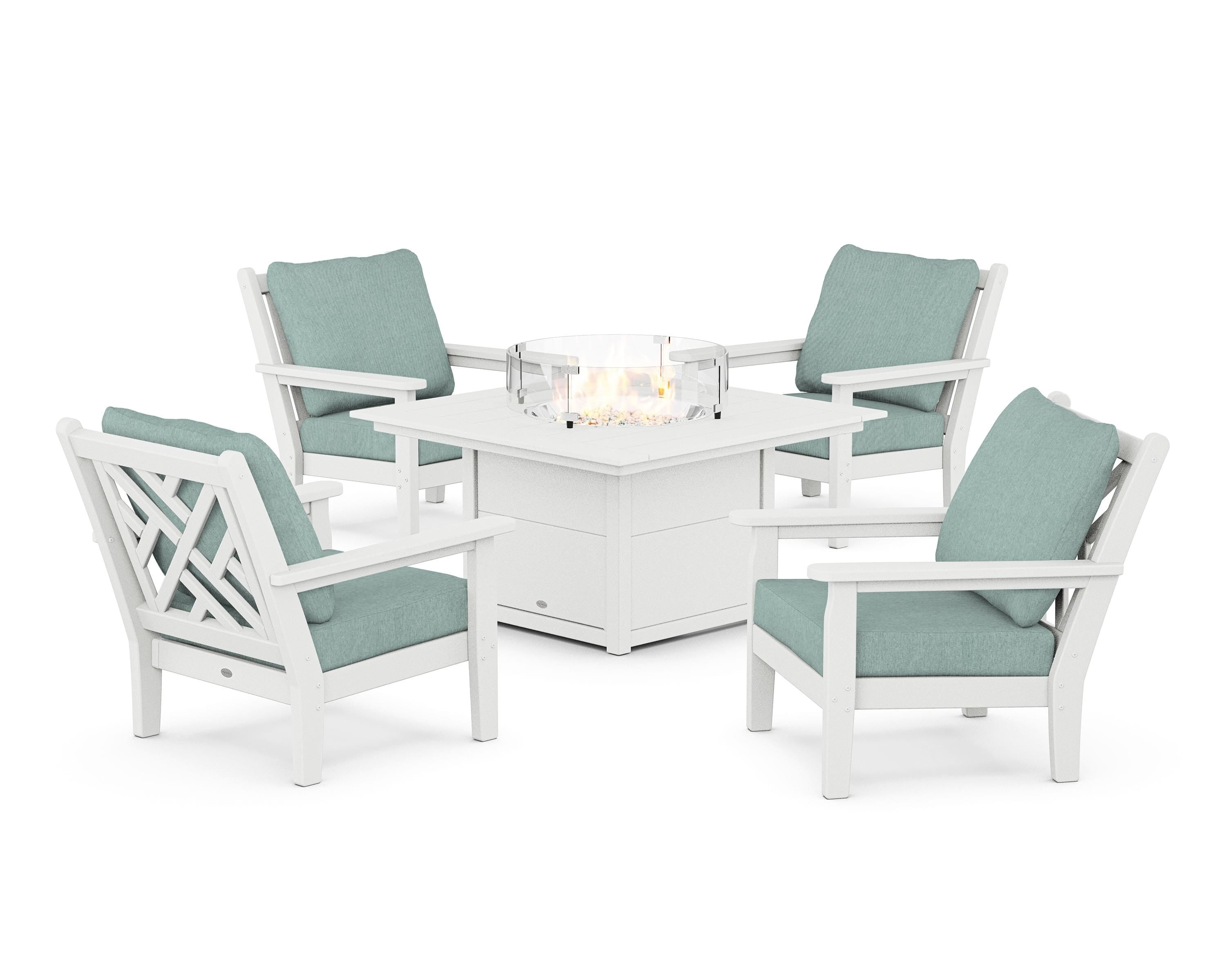 POLYWOOD® Chippendale 5-Piece Deep Seating Set with Fire Pit Table in White / Glacier Spa