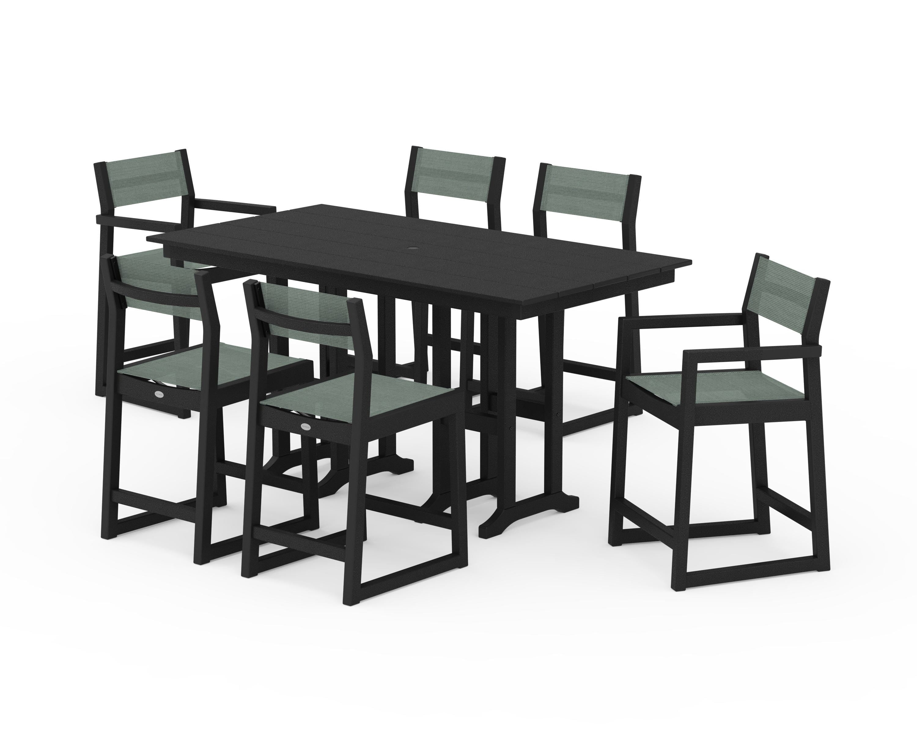 POLYWOOD® EDGE Sling 7-Piece Farmhouse Counter Set in Black / Dupioni Sea Mist Sling