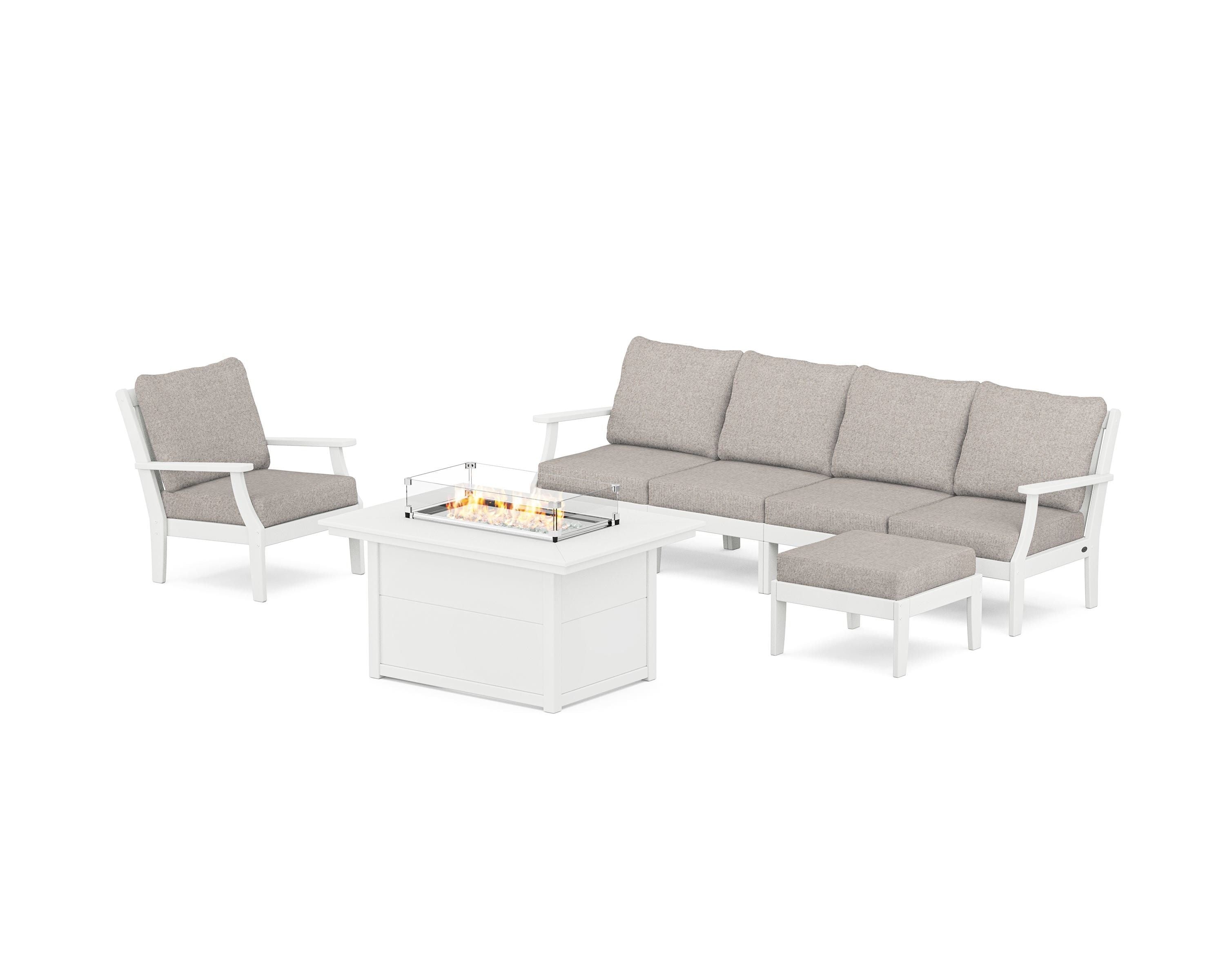 POLYWOOD® Braxton Sectional Lounge and Fire Pit Set in White / Weathered Tweed
