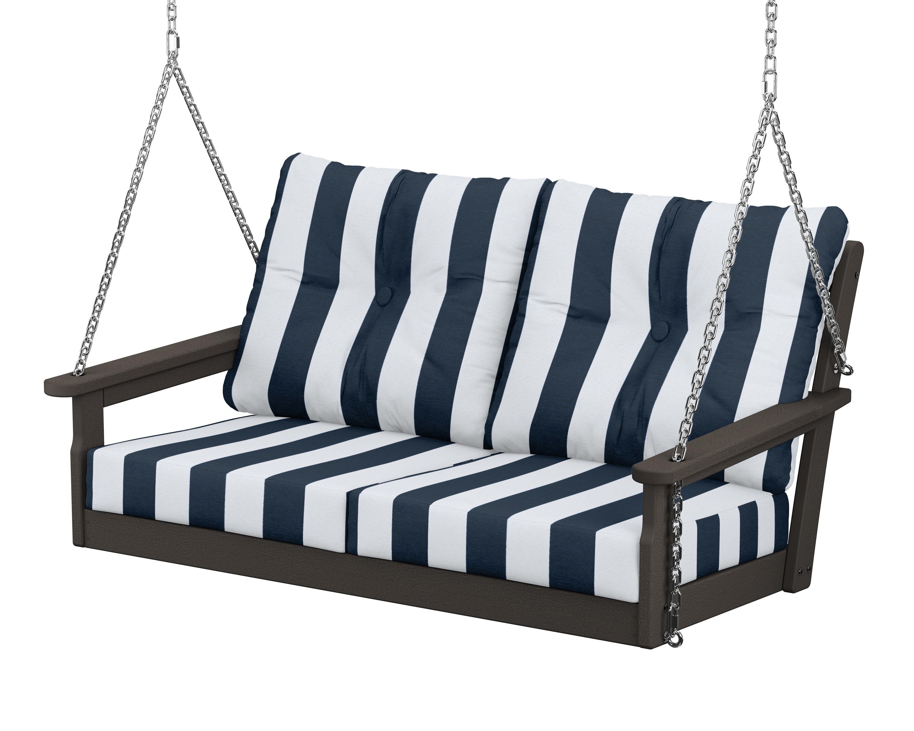 POLYWOOD® Vineyard Deep Seating Swing in Vintage Coffee / Cabana Stripe Marine Indigo