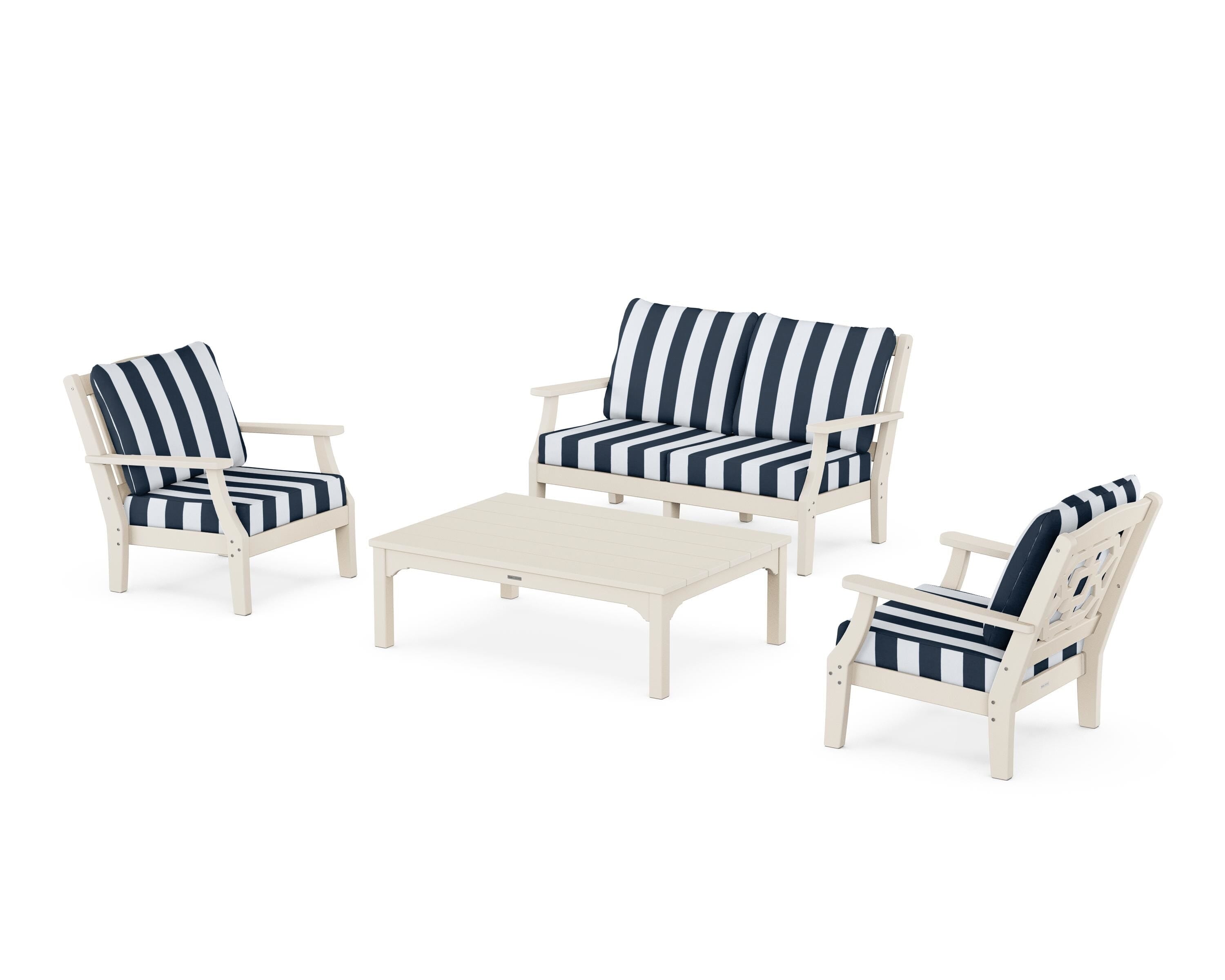 Martha Stewart by POLYWOOD® Chinoiserie 4-Piece Deep Seating Set with Loveseat in Sand / Cabana Stripe Marine Indigo