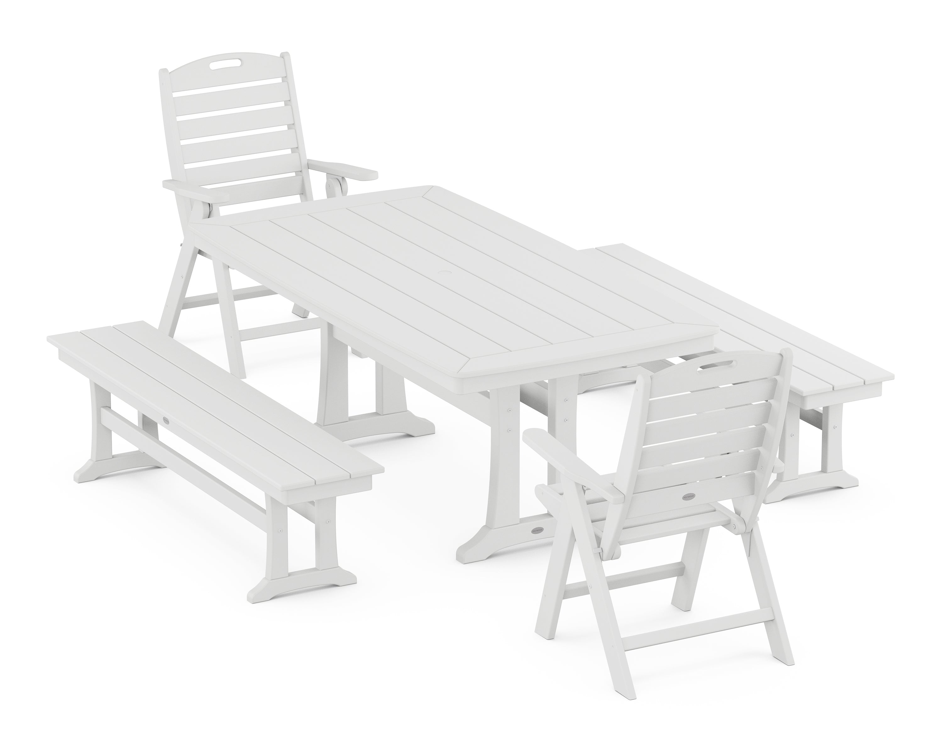 POLYWOOD® Nautical Folding Highback Chair 5-Piece Dining Set with Trestle Legs and Benches in White