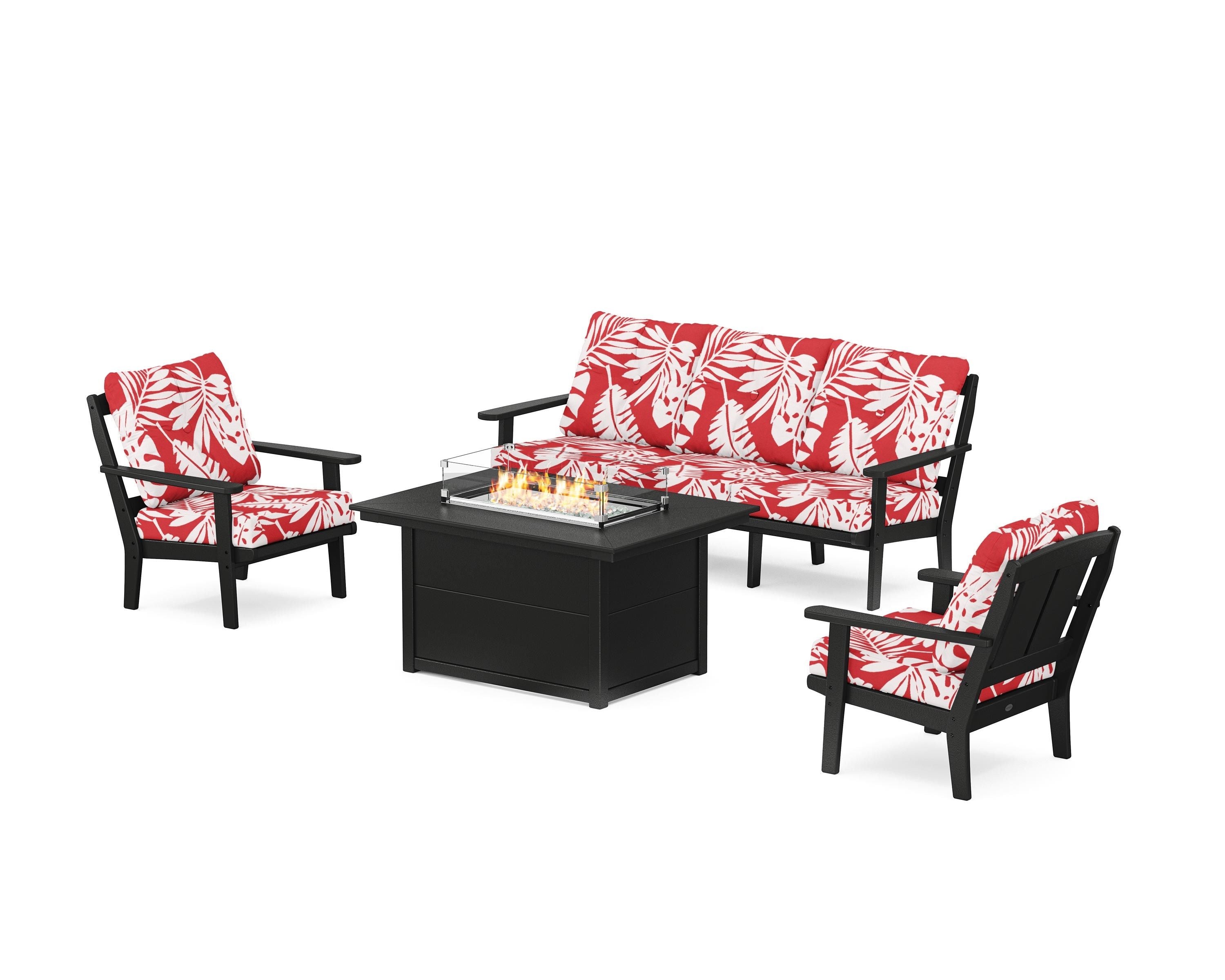 POLYWOOD® Mission Deep Seating Fire Pit Table Set in Black / Leaf Crimson