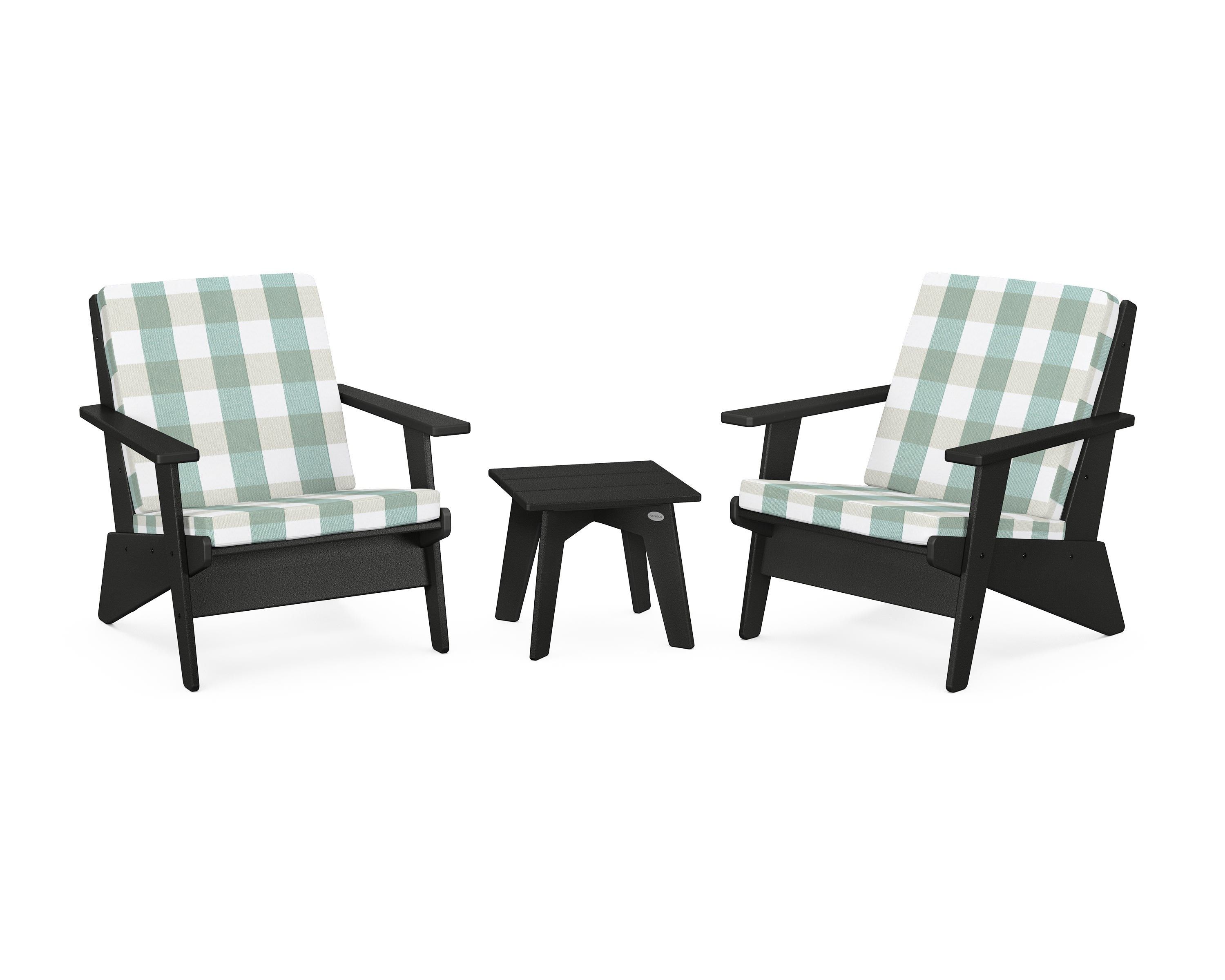 POLYWOOD® Riviera Modern Lounge 3-Piece Set in Black / Buffalo Plaid Glacier Spa
