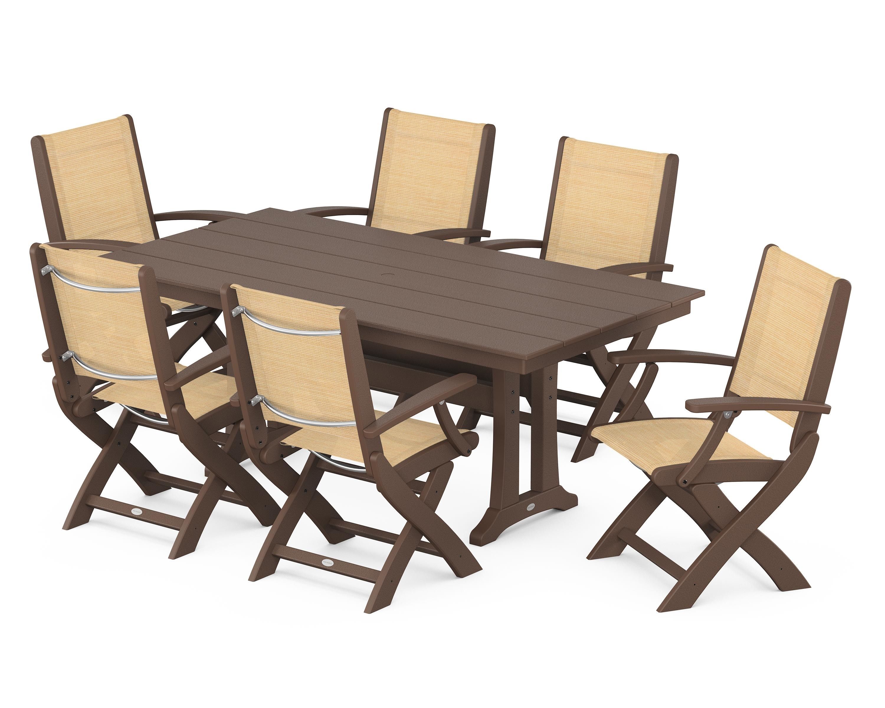 POLYWOOD® Coastal Folding Arm Chair 7-Piece Farmhouse Dining Set with Trestle Legs in Mahogany / Dupioni Apricot Sling