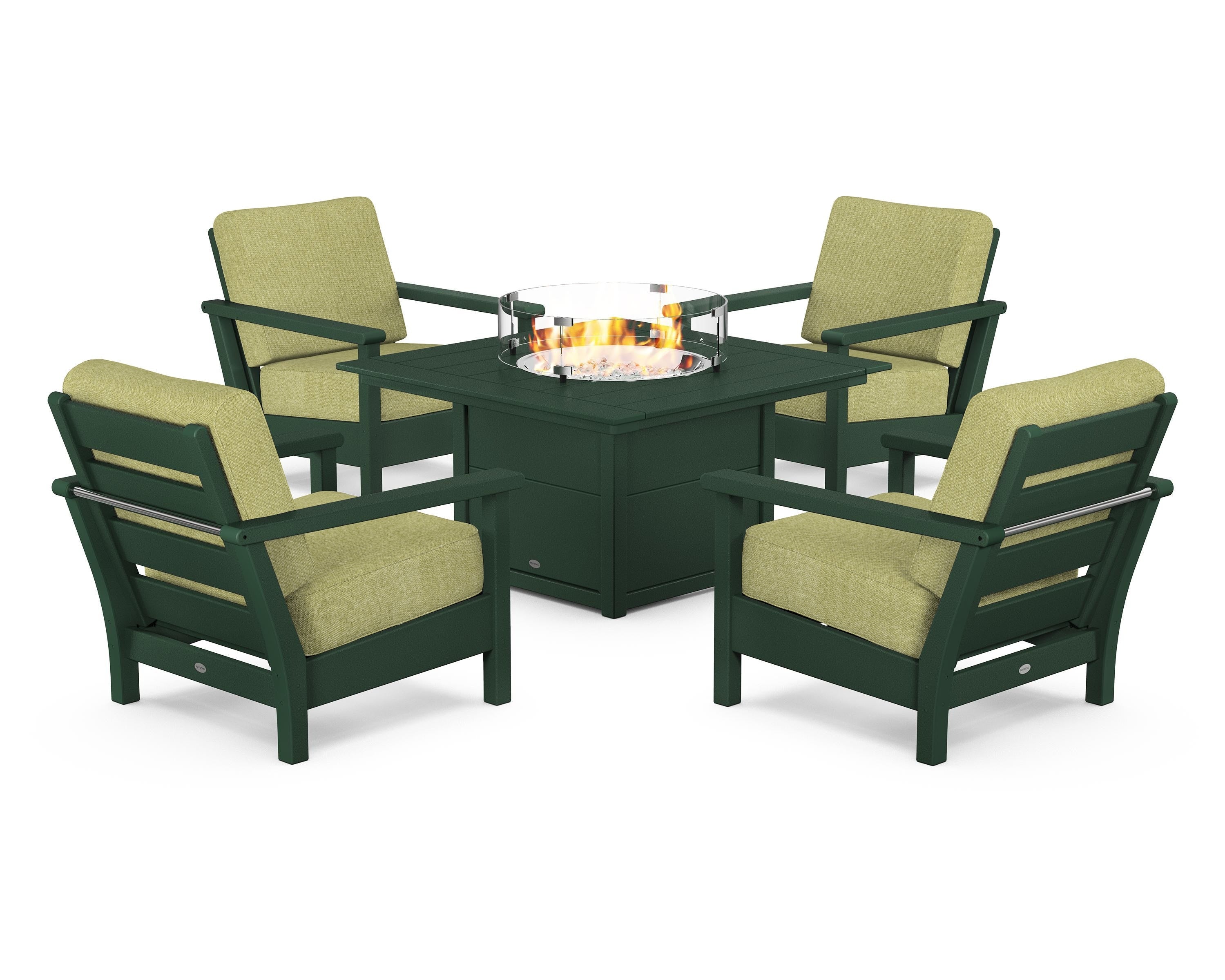 POLYWOOD® Harbour 5-Piece Conversation Set with Fire Pit Table in Green / Chartreuse Boucle
