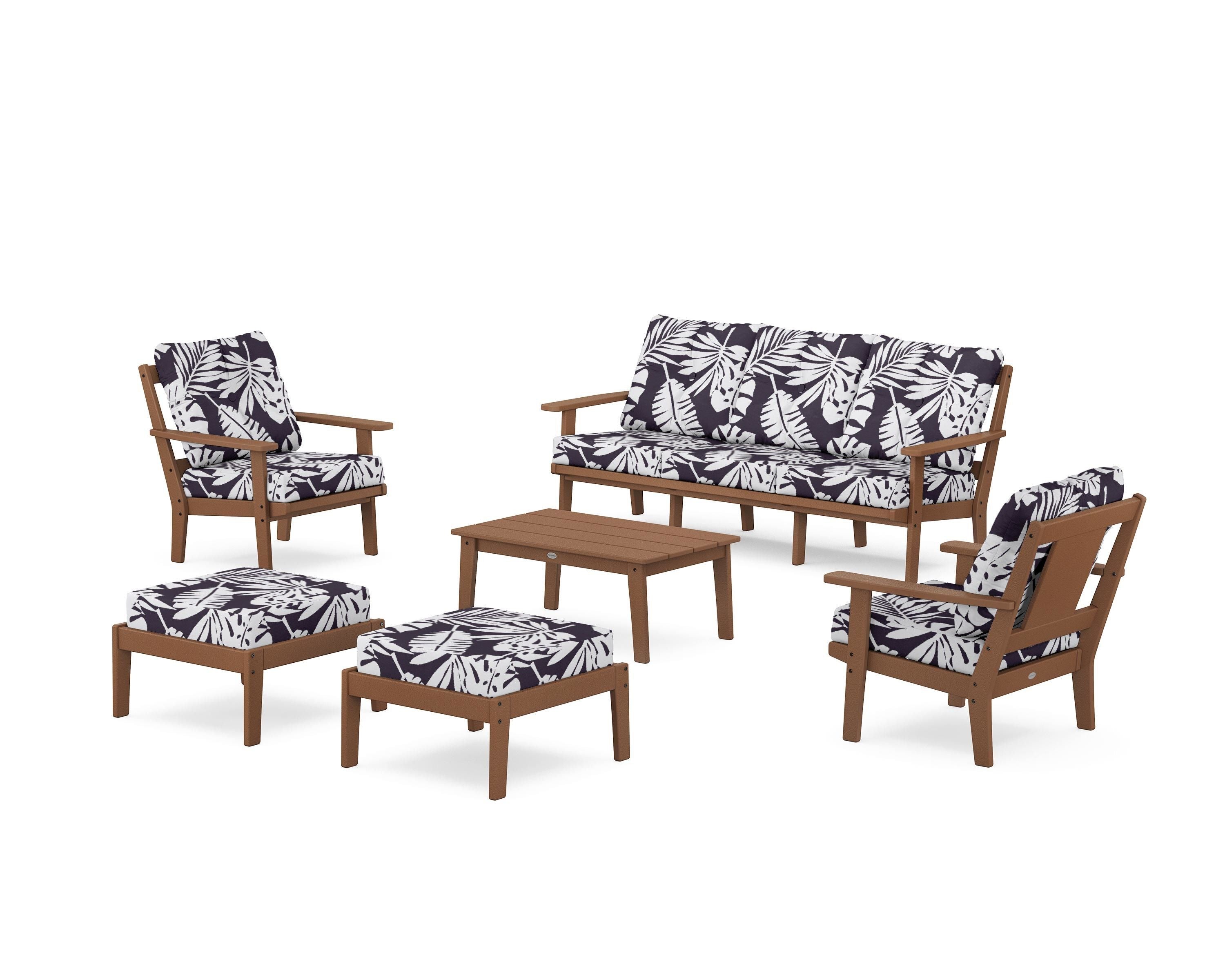 POLYWOOD® Prairie 6-Piece Lounge Sofa Set in Teak / Leaf Navy