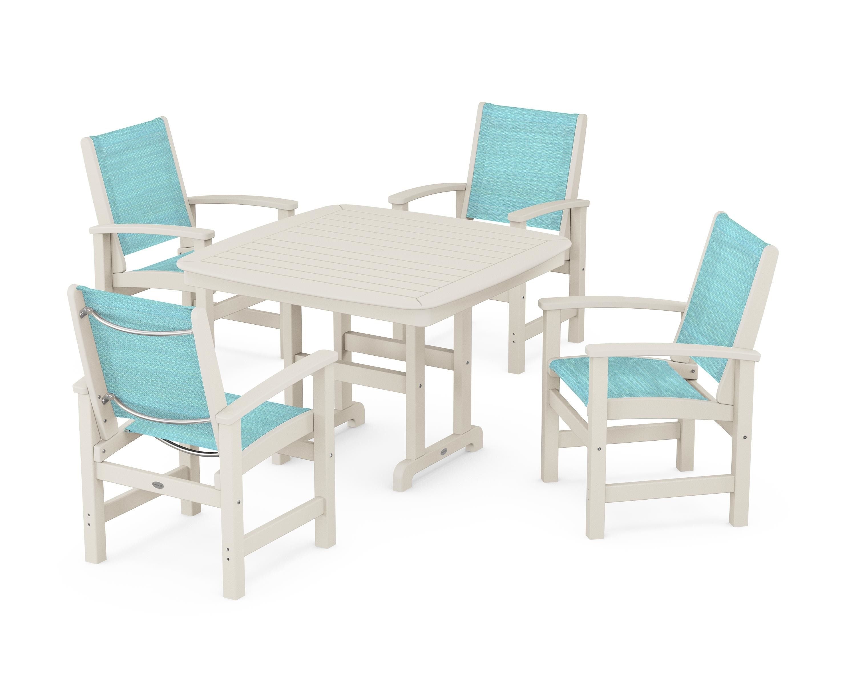 POLYWOOD® Coastal 5-Piece Dining Set in Sand / Dupioni Aquamarine Sling