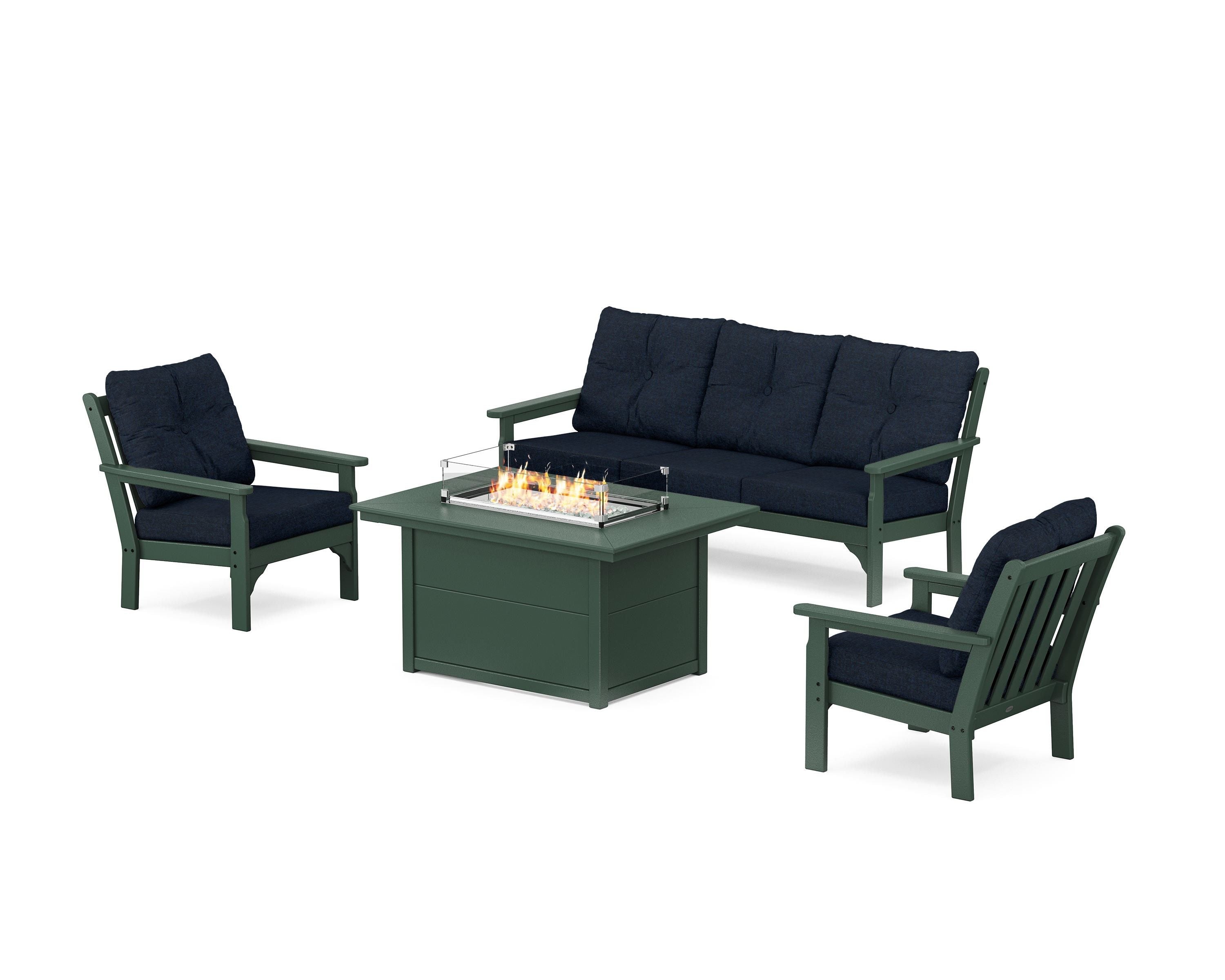 POLYWOOD® Vineyard Deep Seating Fire Pit Table Set in Green / Marine Indigo