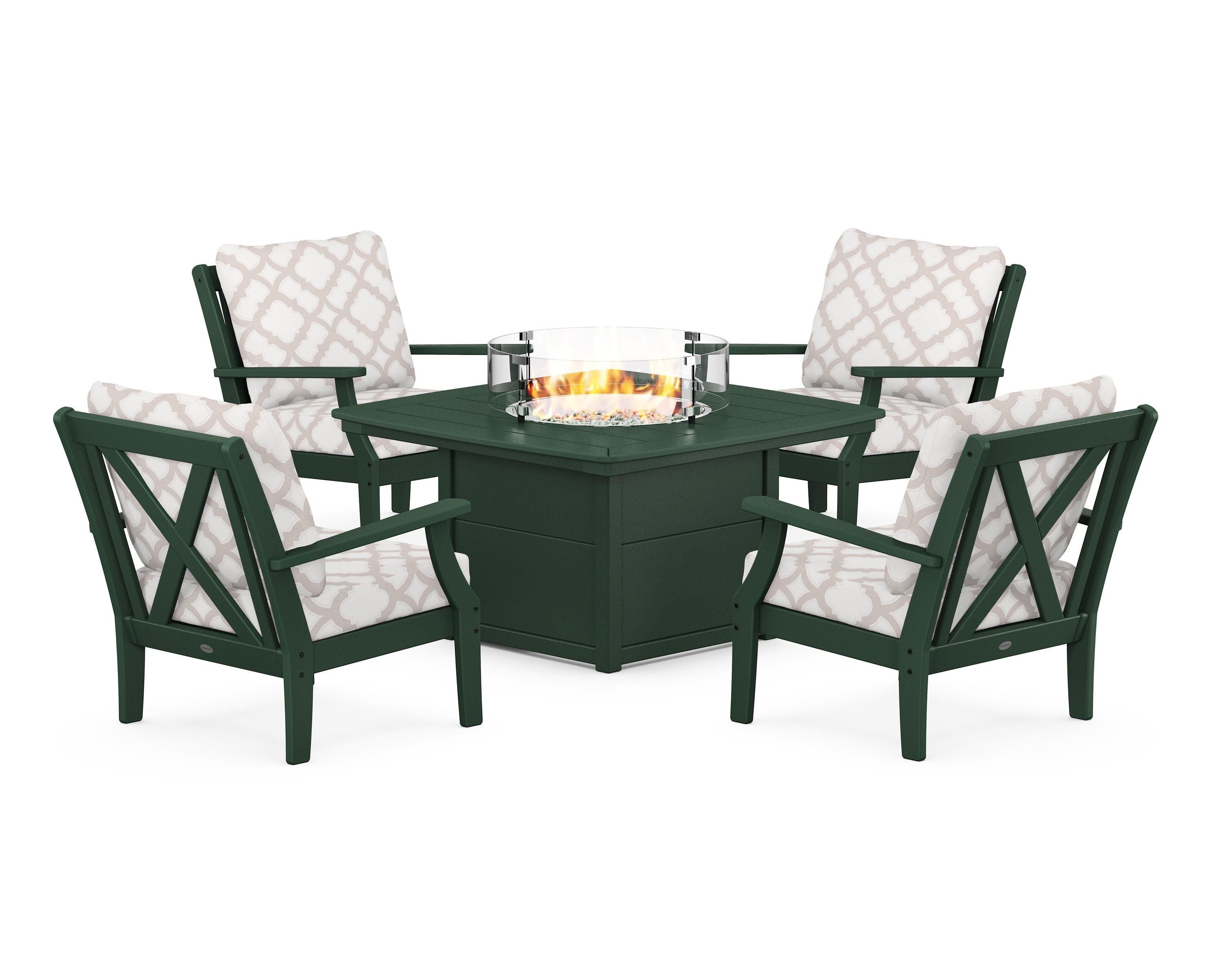 POLYWOOD® Braxton 5-Piece Deep Seating Conversation Set with Fire Pit Table in Green / Trellis Dune Burlap