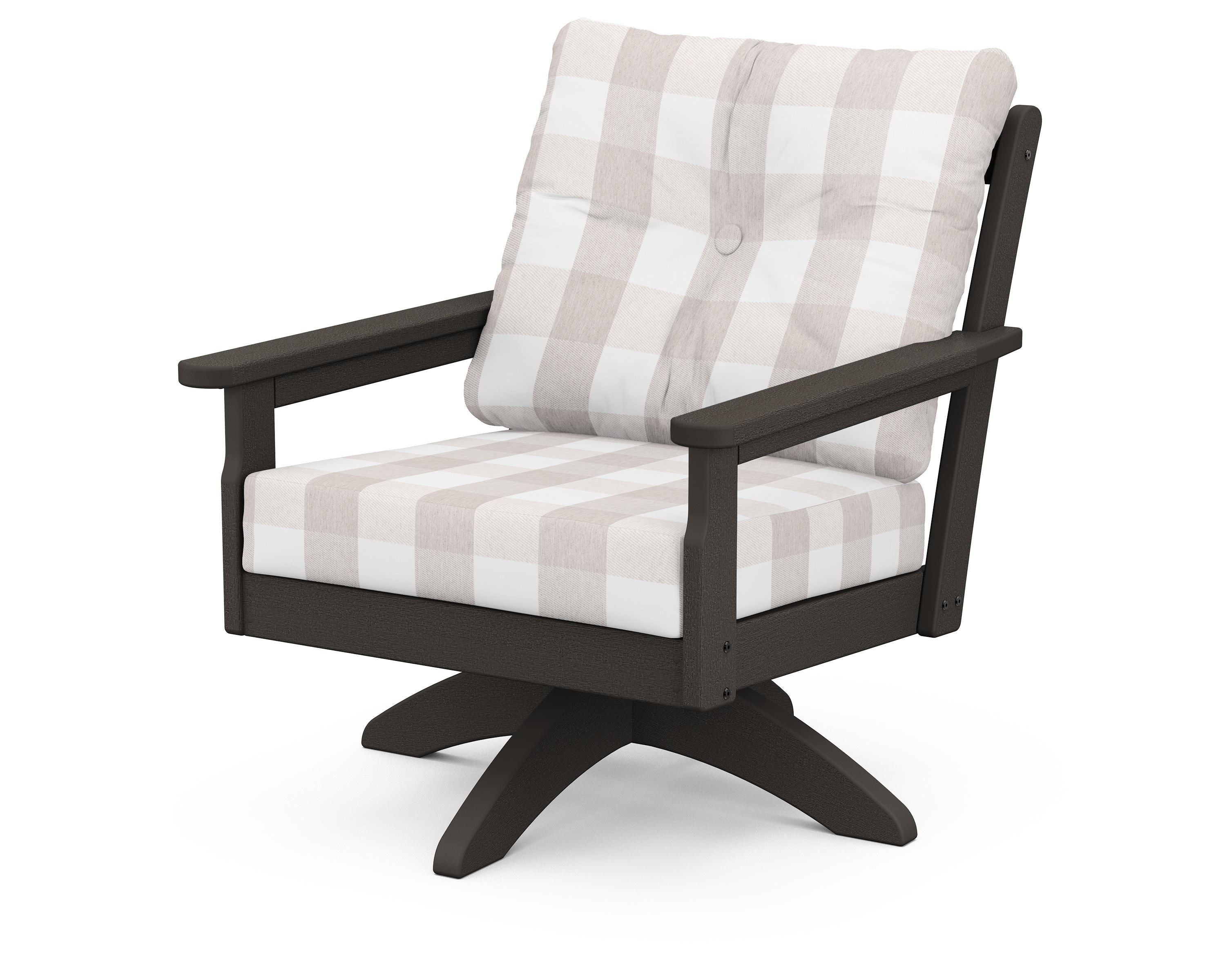 POLYWOOD® Vineyard Deep Seating Swivel Chair in Vintage Coffee / Buffalo Plaid Dune Burlap