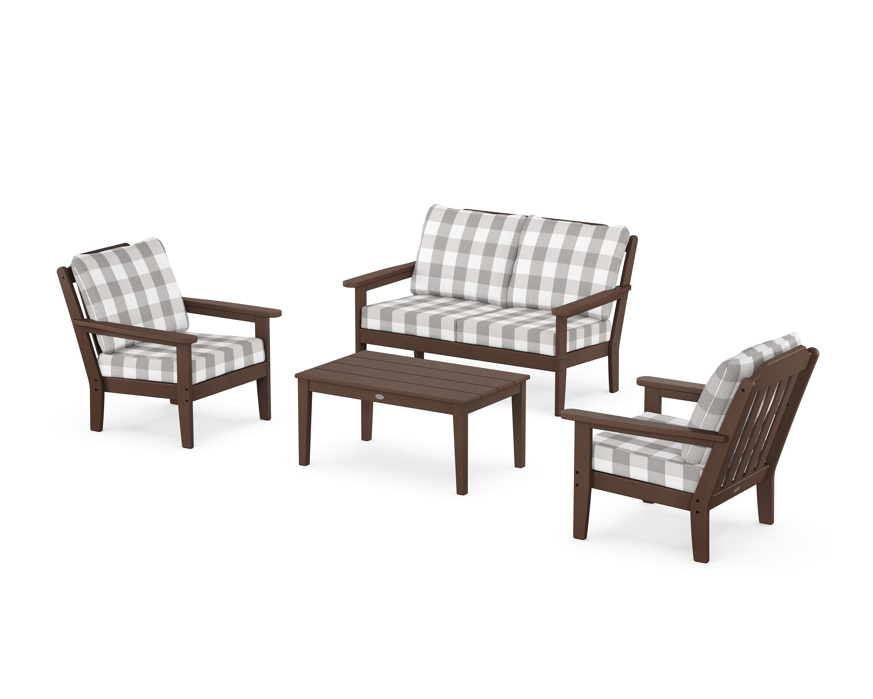 Country Living Cottage 4-Piece Deep Seating Set with Loveseat in Mahogany / Buffalo Plaid Grey Mist
