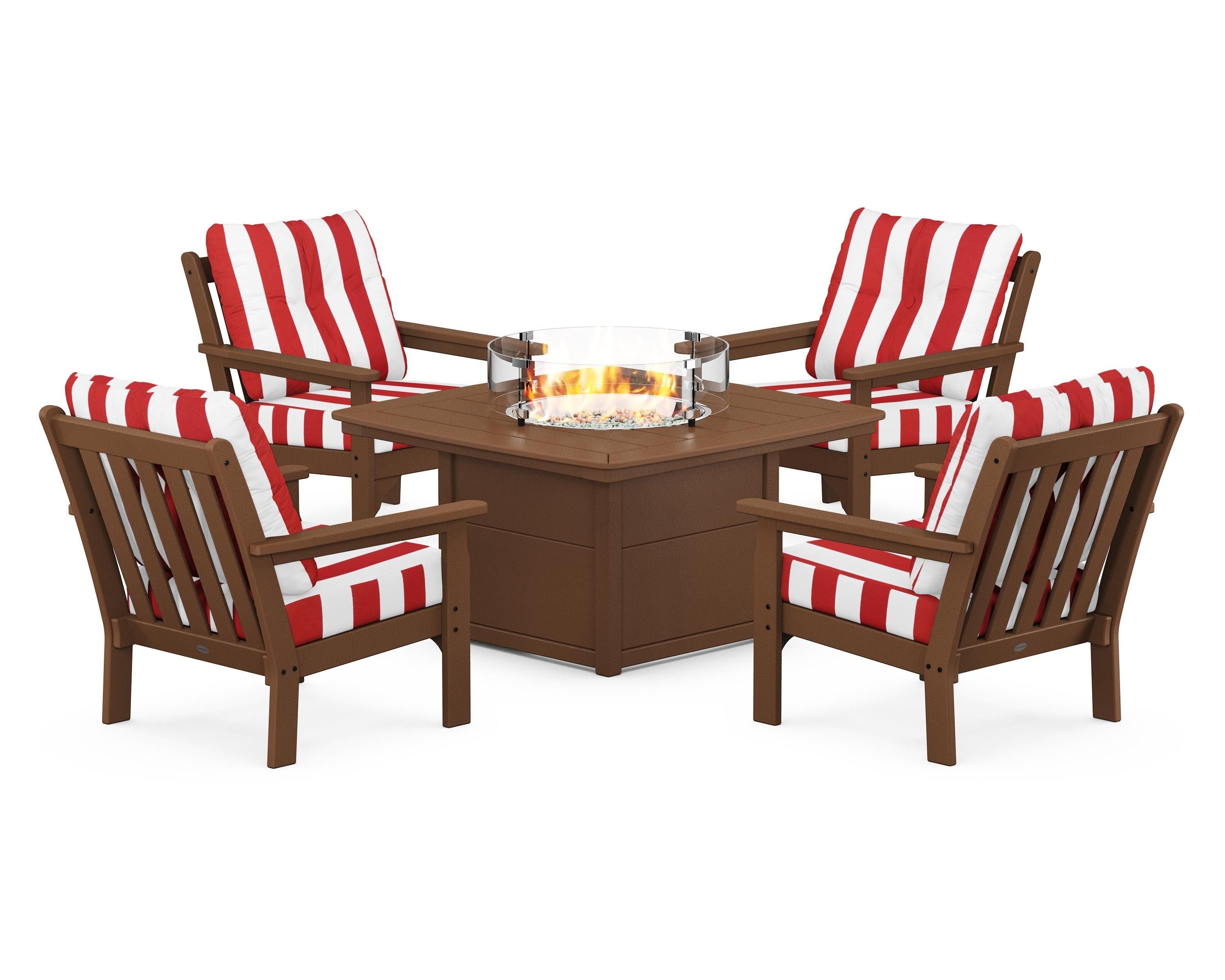POLYWOOD® Vineyard 5-Piece Conversation Set with Fire Pit Table in Teak / Cabana Stripe Crimson