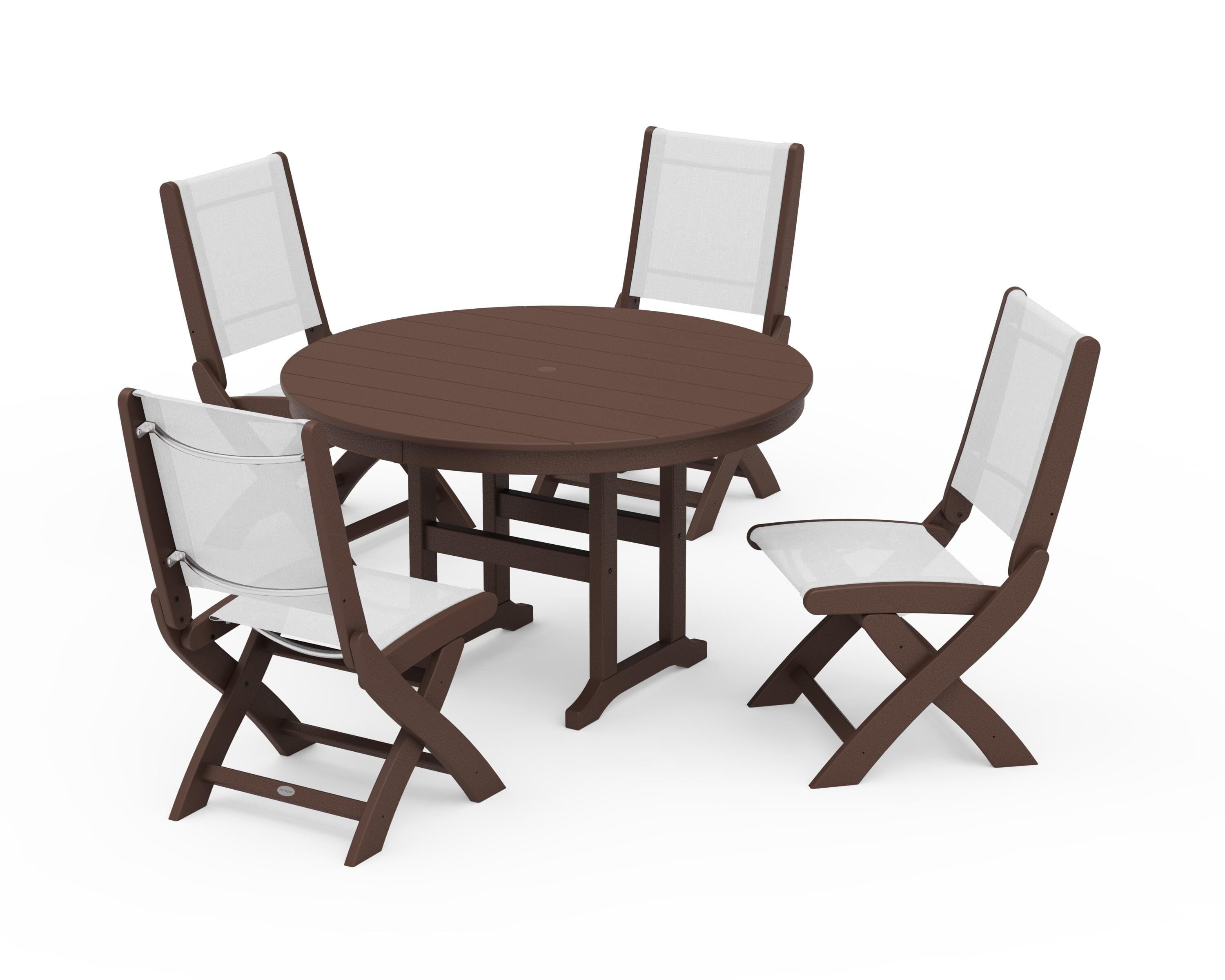 POLYWOOD® Coastal Folding Side Chair 5-Piece Round Dining Set in Mahogany / White Sling