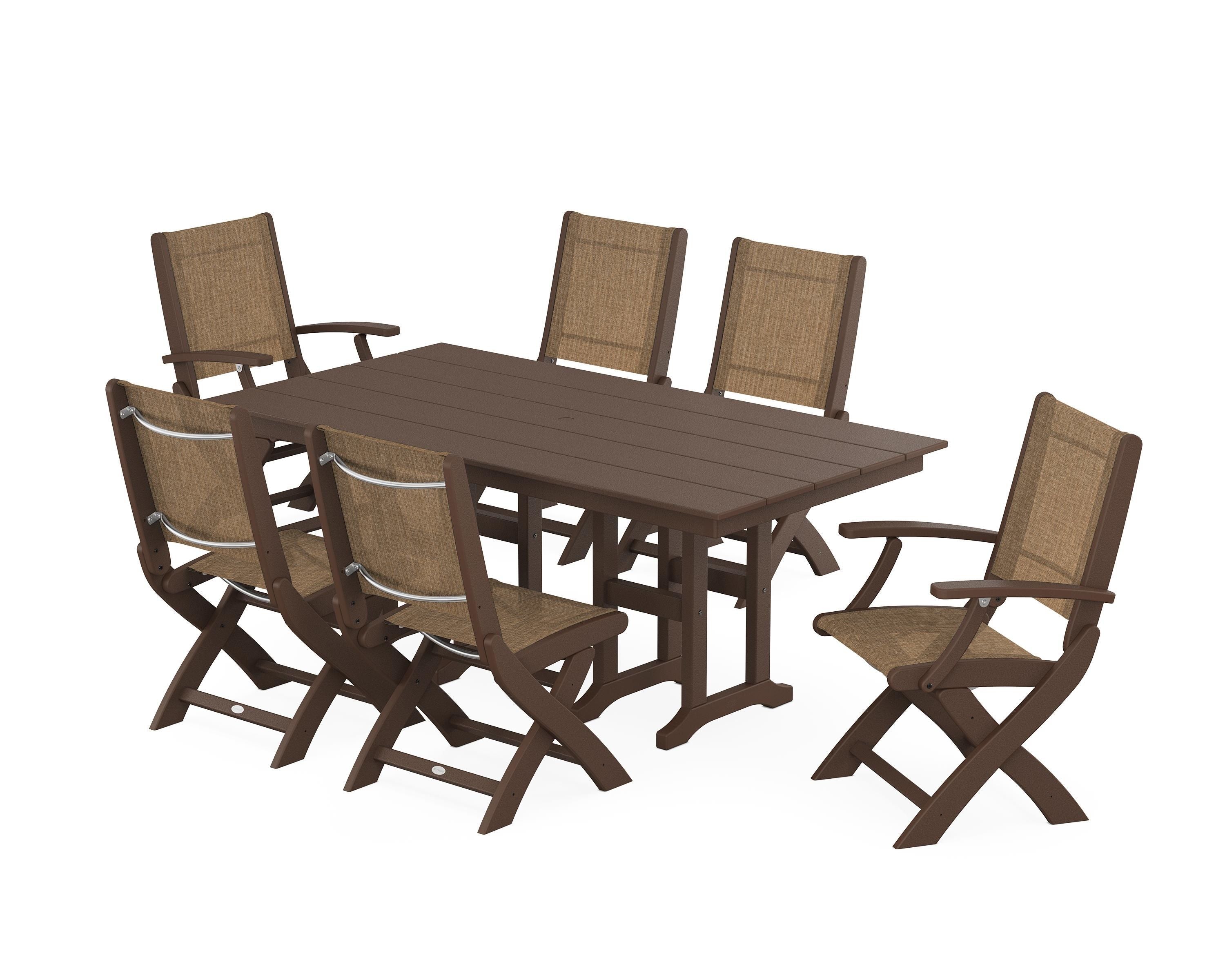 POLYWOOD® Coastal Folding Chair 7-Piece Farmhouse Dining Set in Mahogany / Burlap Sling