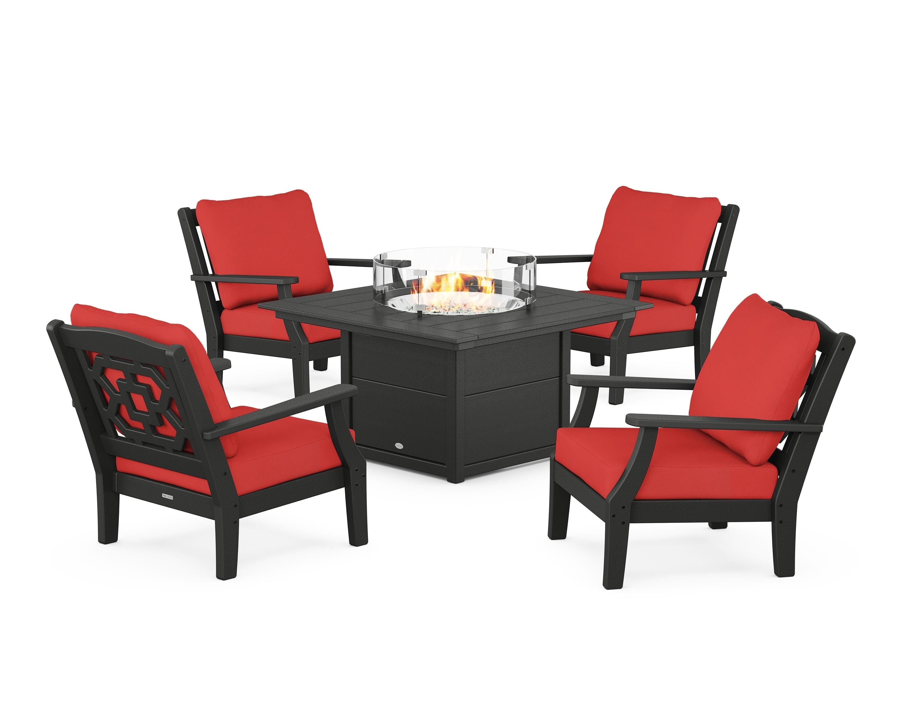Martha Stewart by POLYWOOD® Chinoiserie 5-Piece Deep Seating Set with Fire Pit Table in Black / Crimson Linen