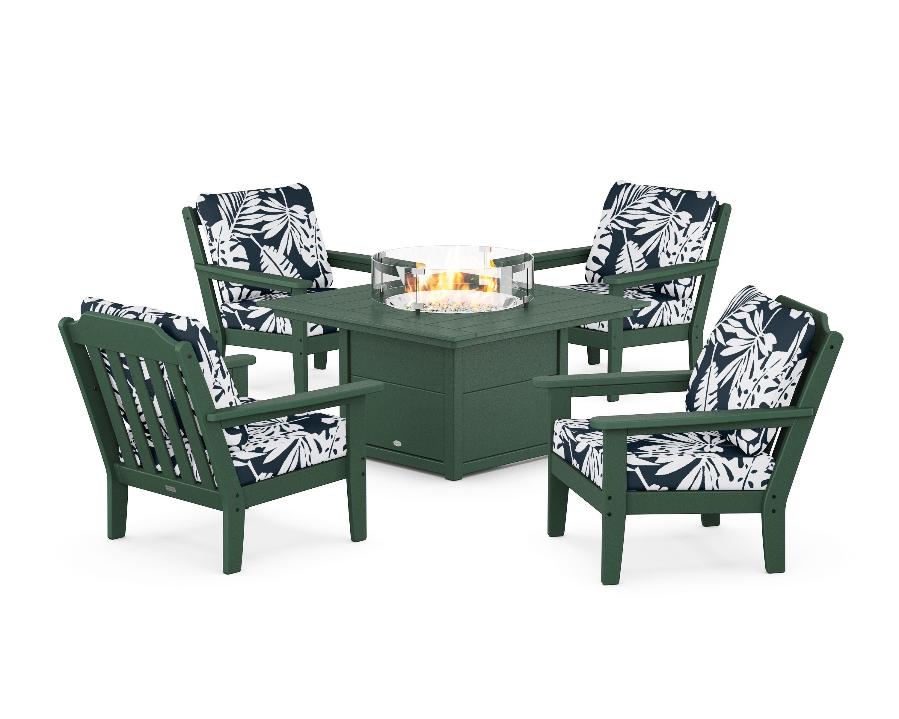 Country Living Cottage 5-Piece Deep Seating Set with Fire Pit Table in Green / Leaf Marine Indigo