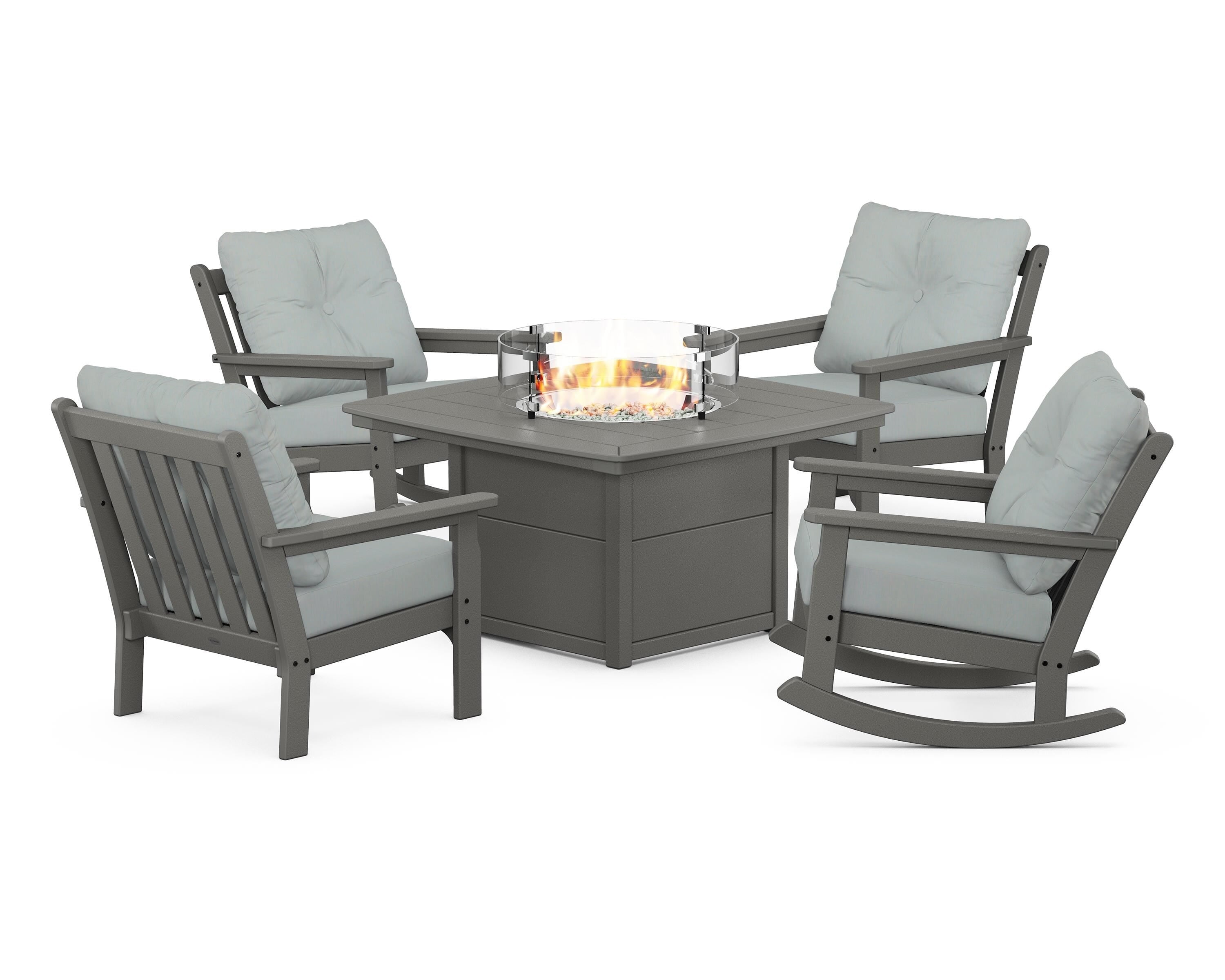 POLYWOOD® Vineyard 5-Piece Deep Seating Rocking Chair Conversation Set with Fire Pit Table in Slate Grey / Spa