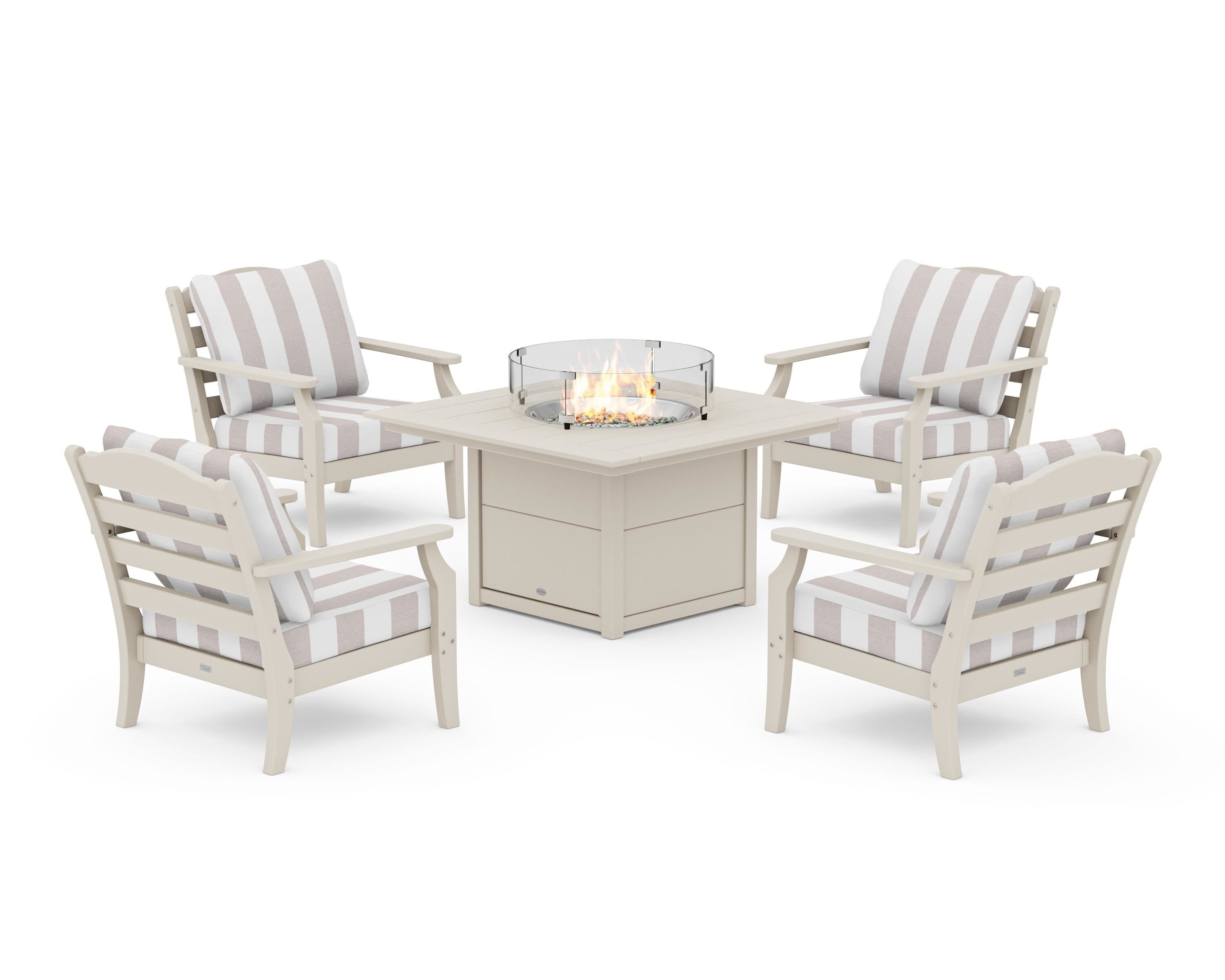 Draper James™ by POLYWOOD® Savannah 5-Piece Deep Seating Set with Fire Pit Table in Sand / Cabana Stripe Dune Burlap