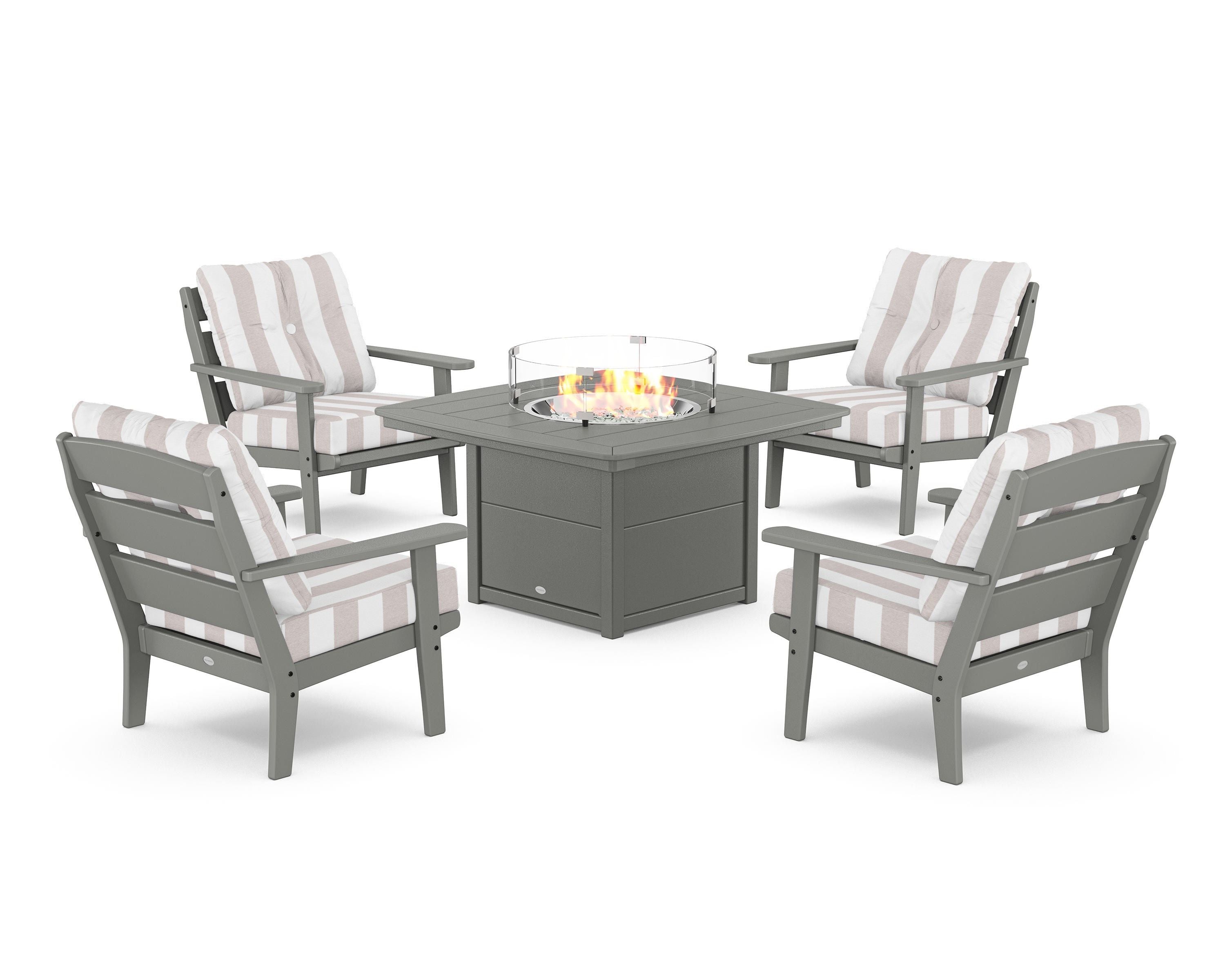 POLYWOOD® Lakeside 5-Piece Deep Seating Set with Nautical Fire Pit Table in Slate Grey / Cabana Stripe Dune Burlap