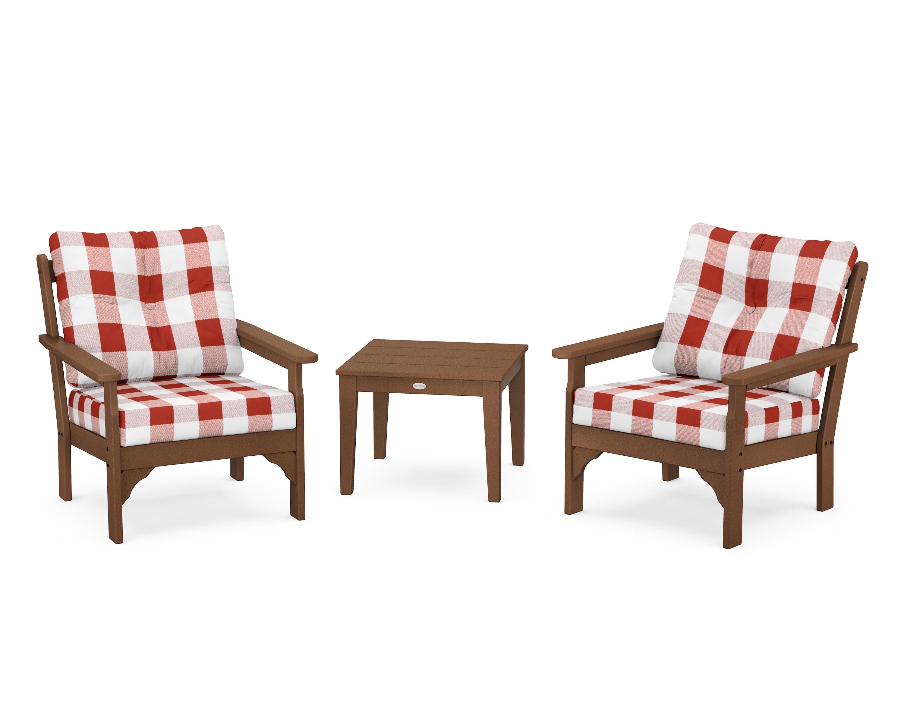 POLYWOOD® Vineyard 3-Piece Deep Seating Set in Teak / Buffalo Plaid Crimson