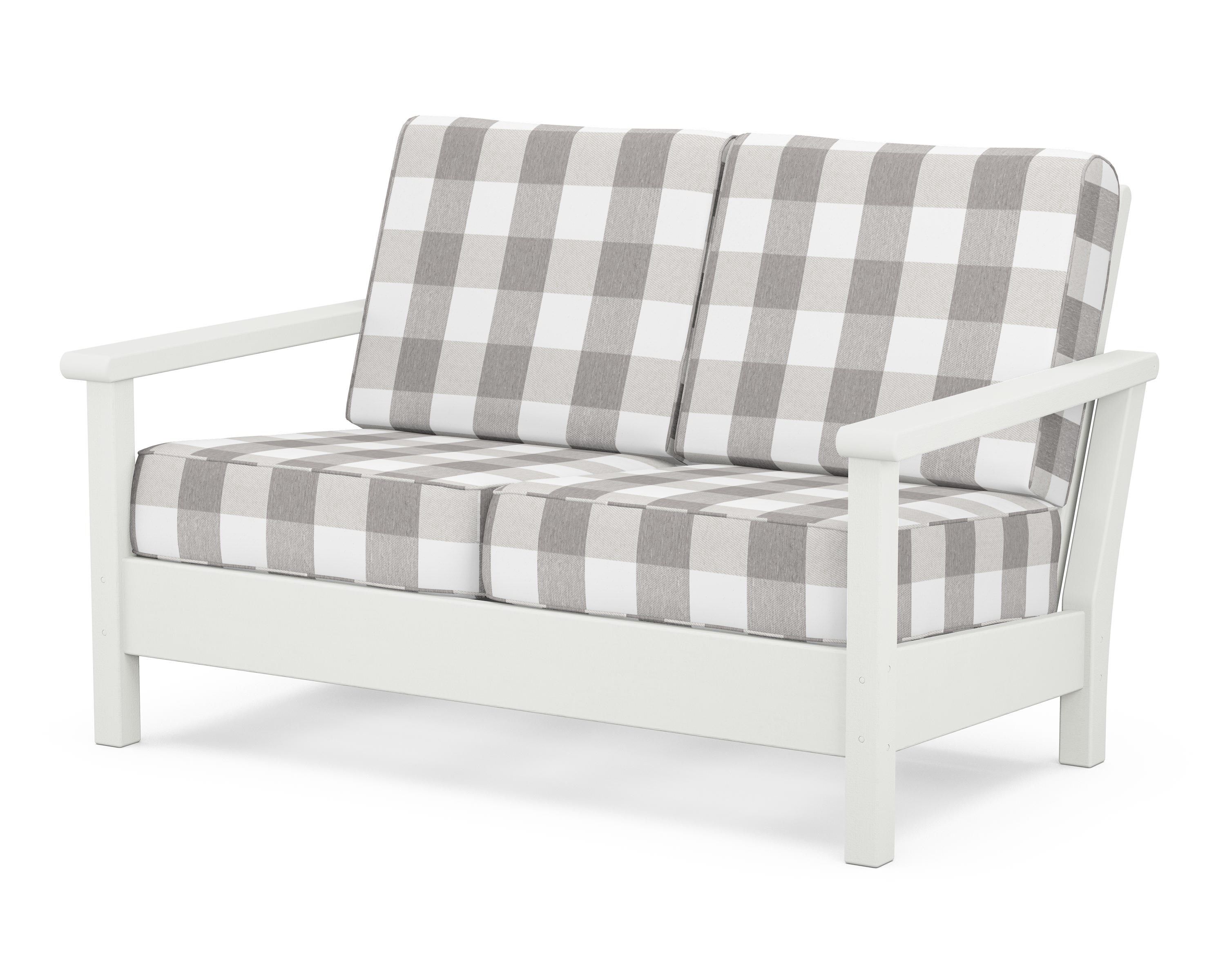 POLYWOOD® Harbour Deep Seating Loveseat in Vintage White / Buffalo Plaid Grey Mist