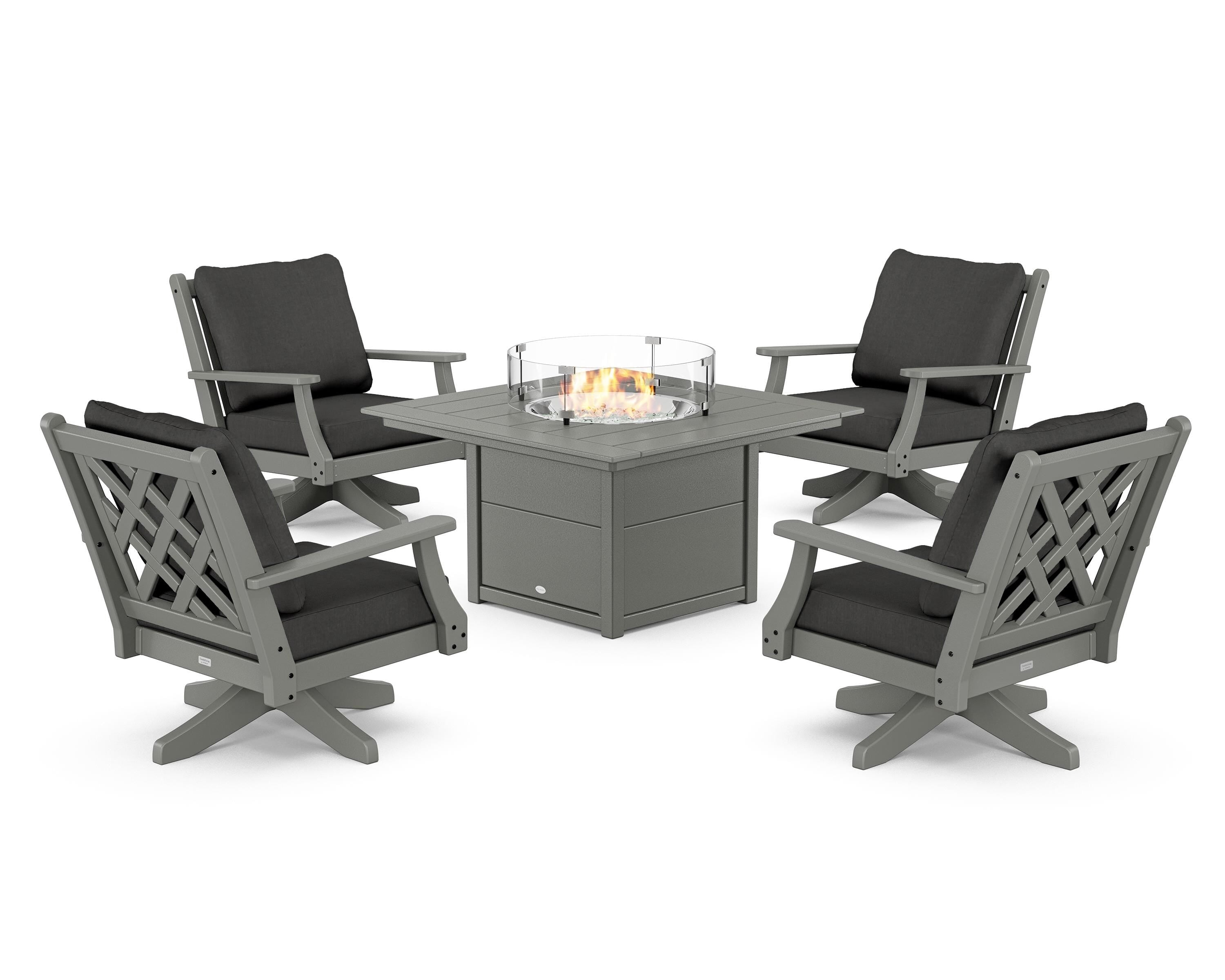 Country Living Wovendale 5-Piece Deep Seating Swivel Conversation Set with Fire Pit Table in Slate Grey / Spectrum Carbon