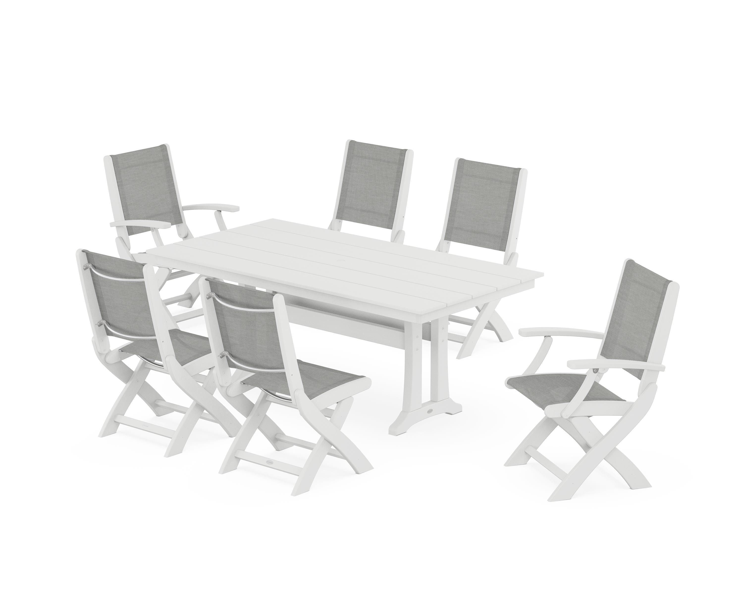 POLYWOOD® Coastal Folding Chair 7-Piece Farmhouse Dining Set with Trestle Legs in White / Metallic Sling