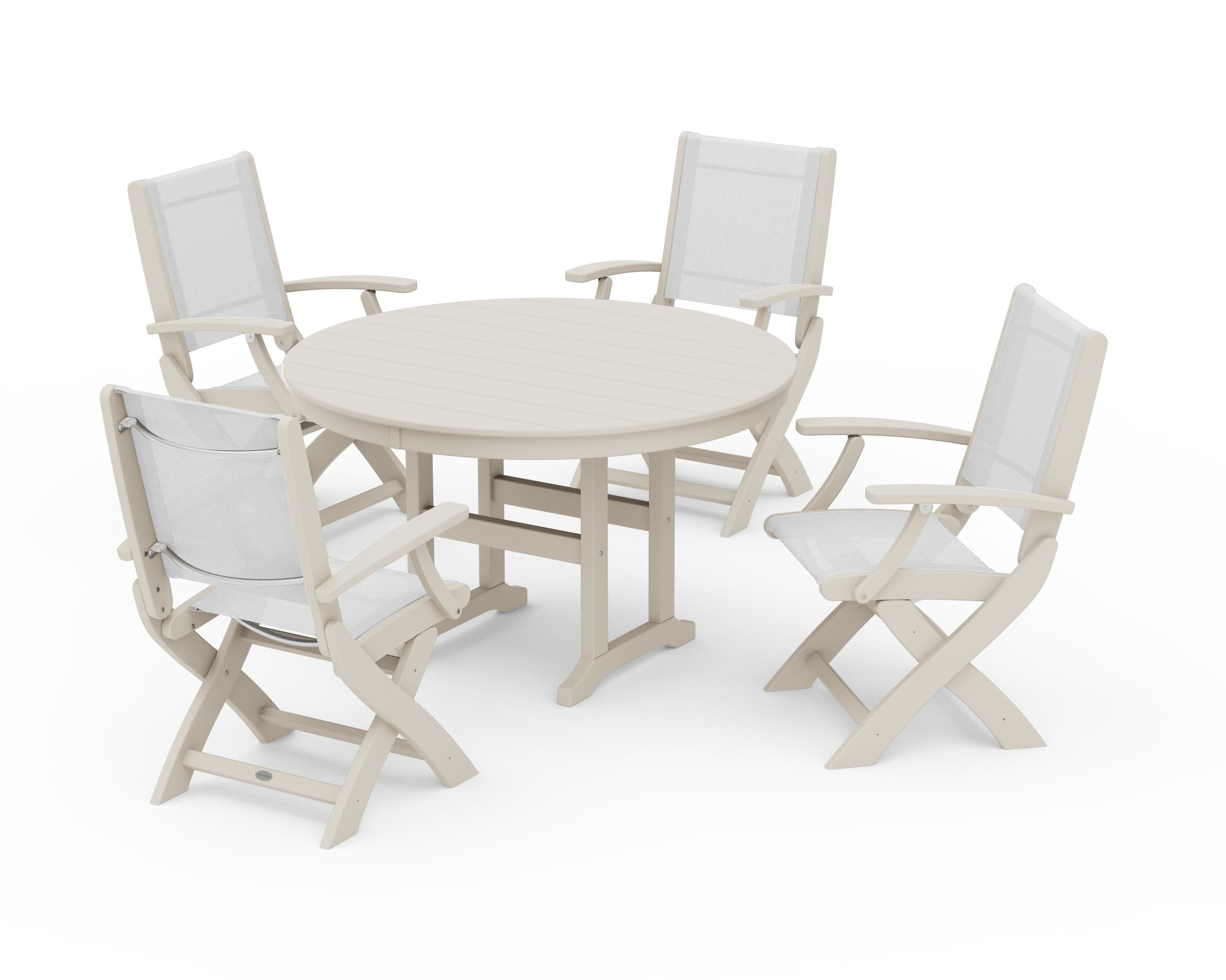 POLYWOOD® Coastal Folding Chair 5-Piece Round Dining Set in Sand / White Sling