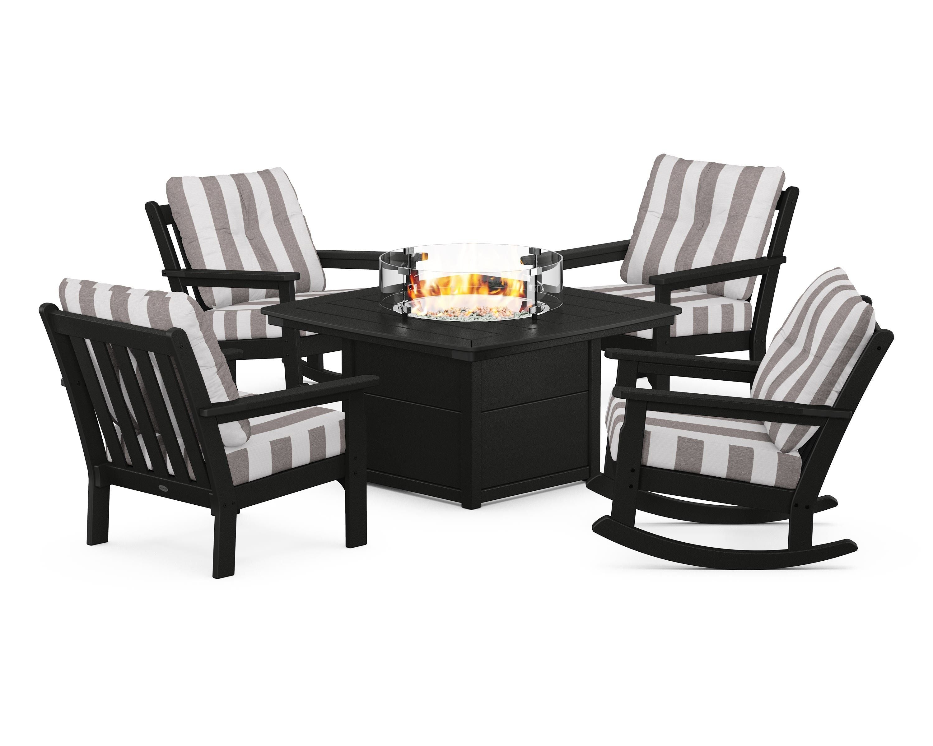 POLYWOOD® Vineyard 5-Piece Deep Seating Rocking Chair Conversation Set with Fire Pit Table in Black / Cabana Stripe Grey Mist