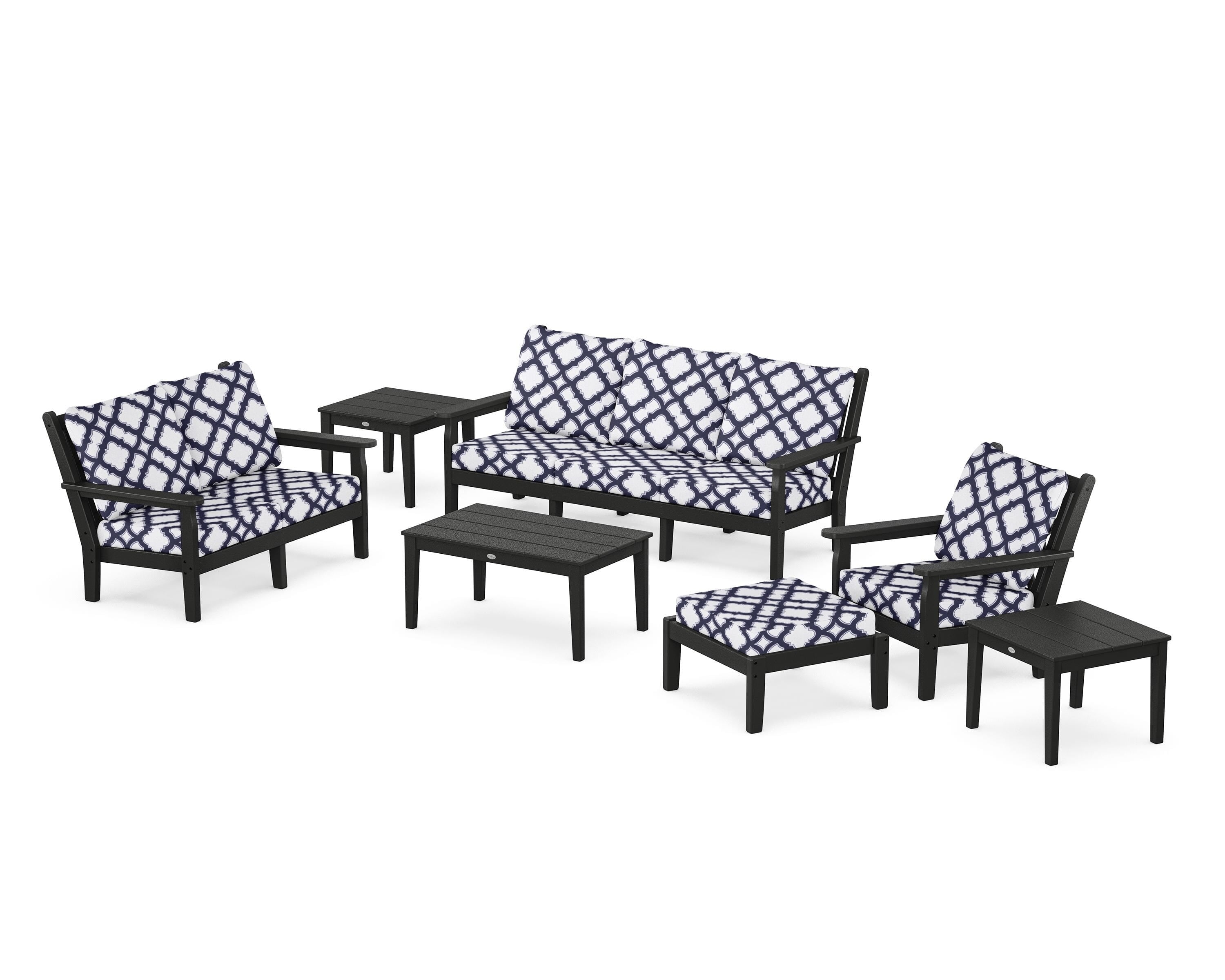 POLYWOOD® Chippendale 7-Piece Deep Seating Set in Black / Trellis Navy