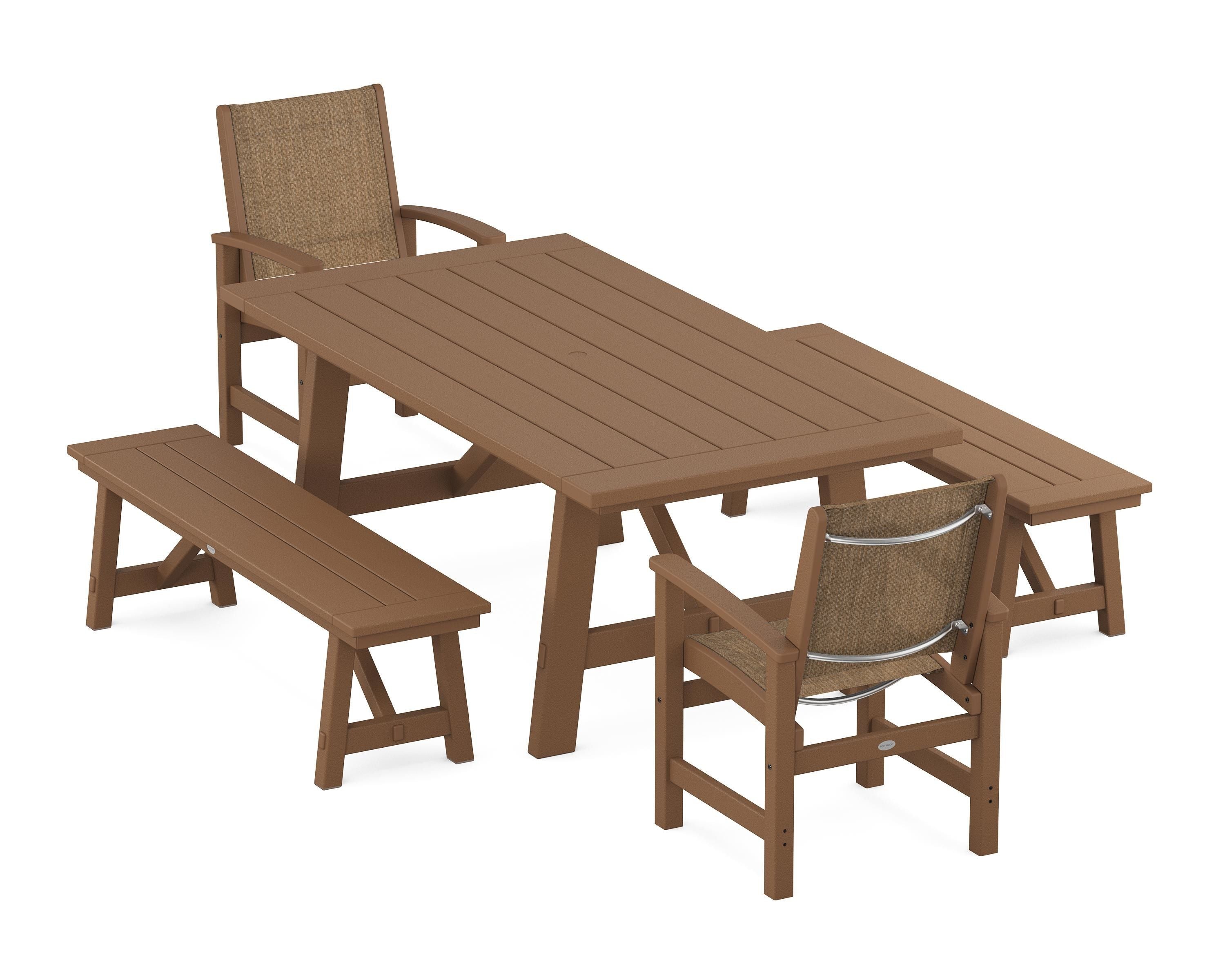 POLYWOOD® Coastal 5-Piece Rustic Farmhouse Dining Set With Benches in Teak / Burlap Sling