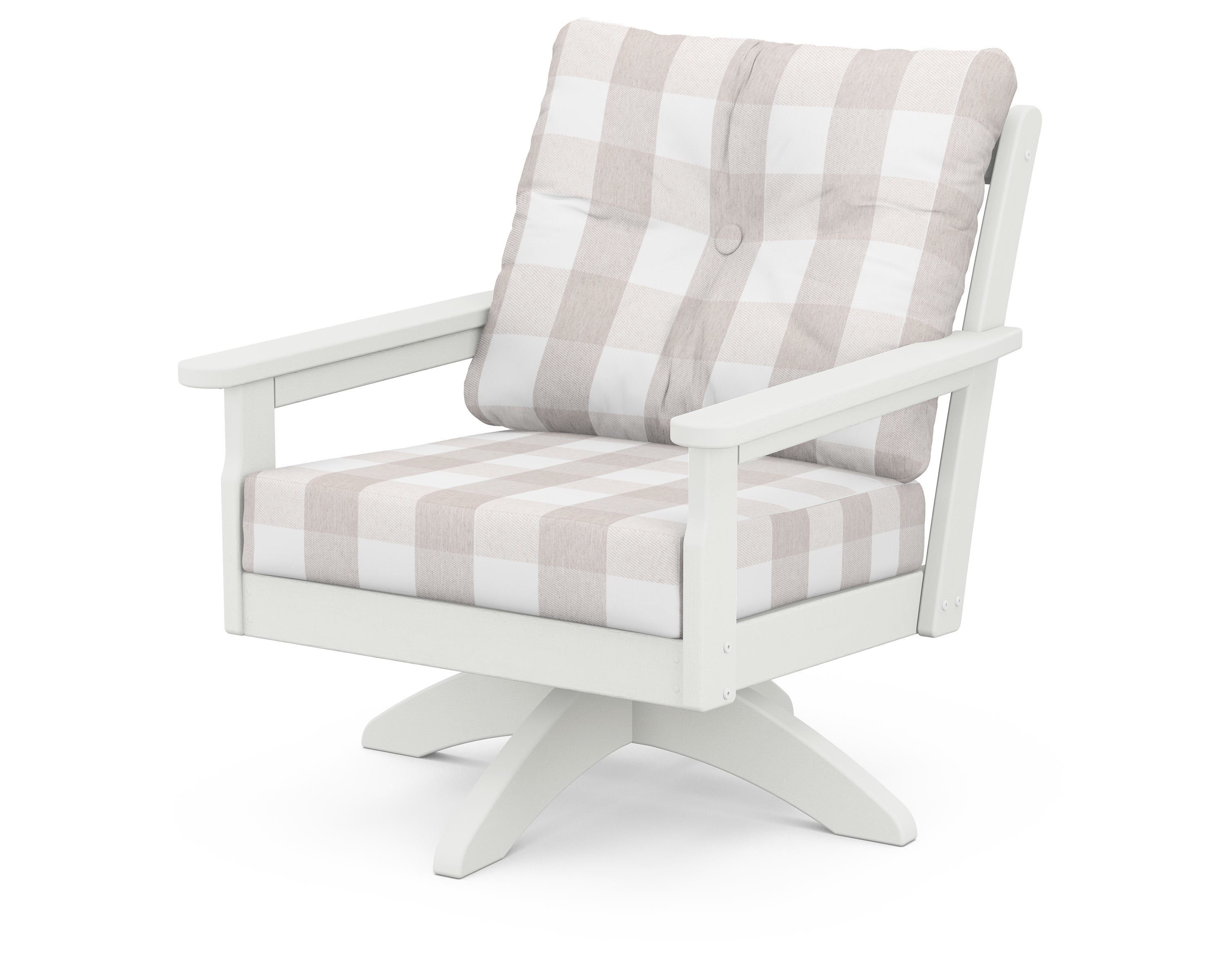 POLYWOOD® Vineyard Deep Seating Swivel Chair in Vintage White / Buffalo Plaid Dune Burlap