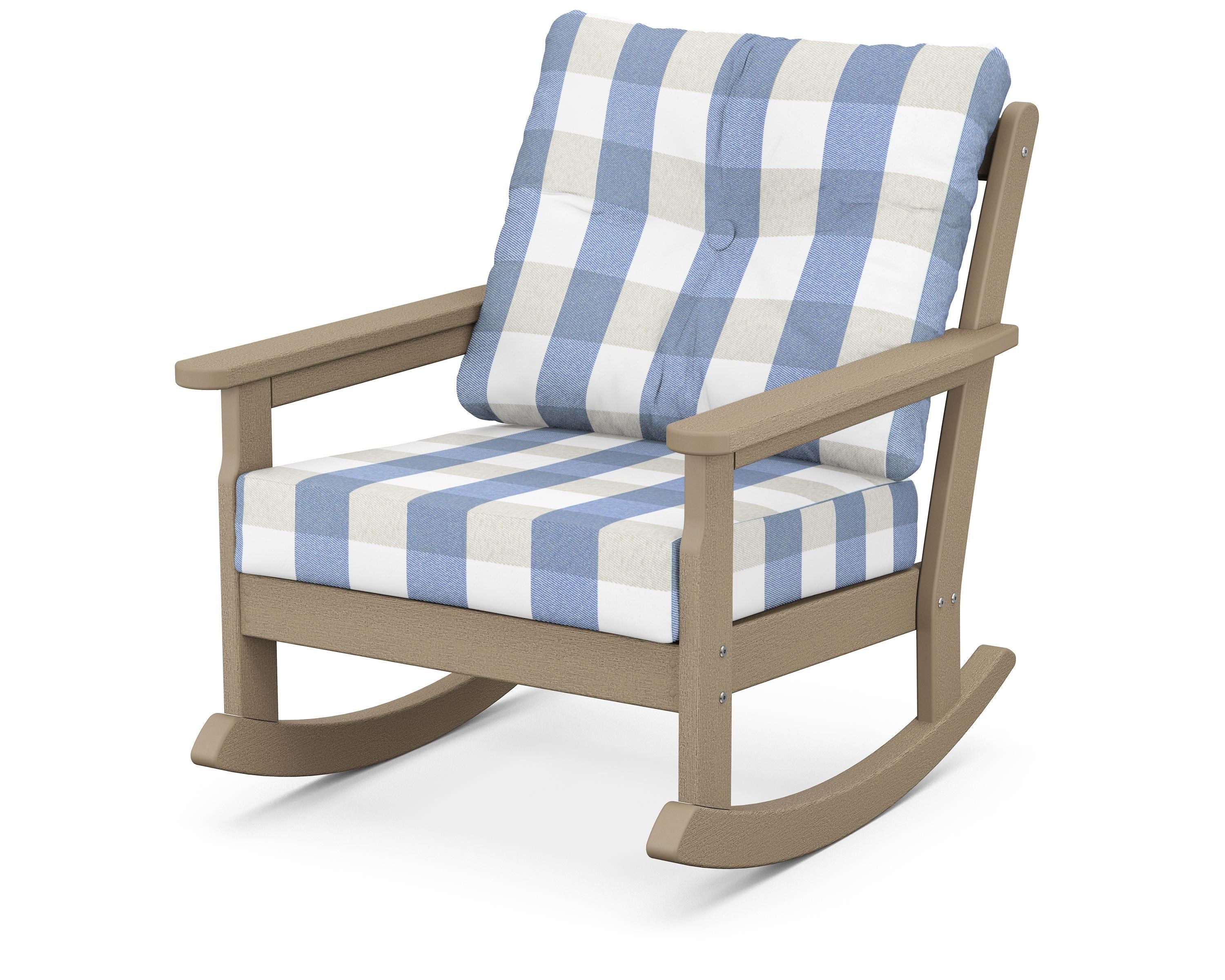 POLYWOOD® Vineyard Deep Seating Rocking Chair in Vintage Sahara / Buffalo Plaid Sky Blue