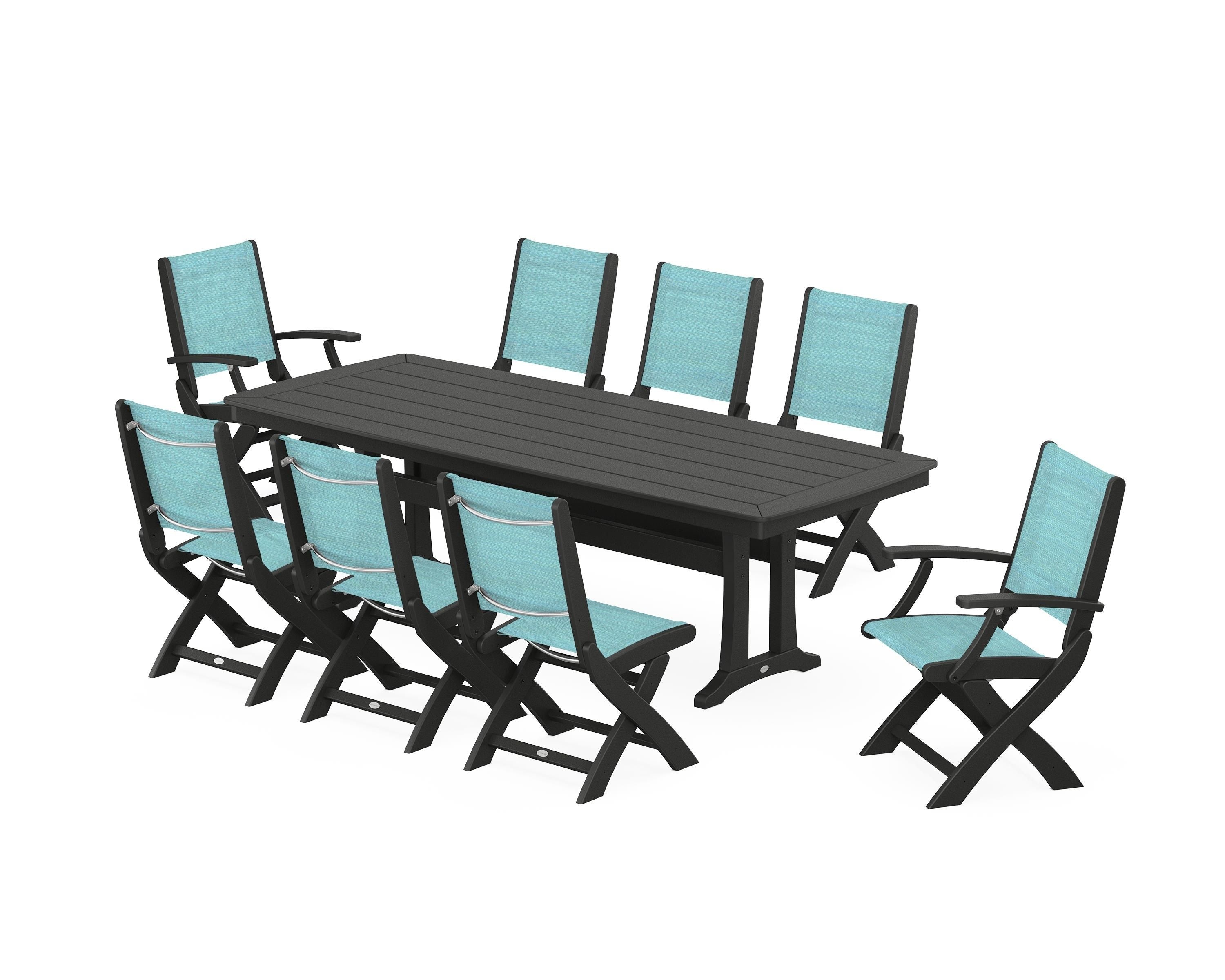 POLYWOOD® Coastal Folding 9-Piece Dining Set with Trestle Legs in Black / Dupioni Aquamarine Sling