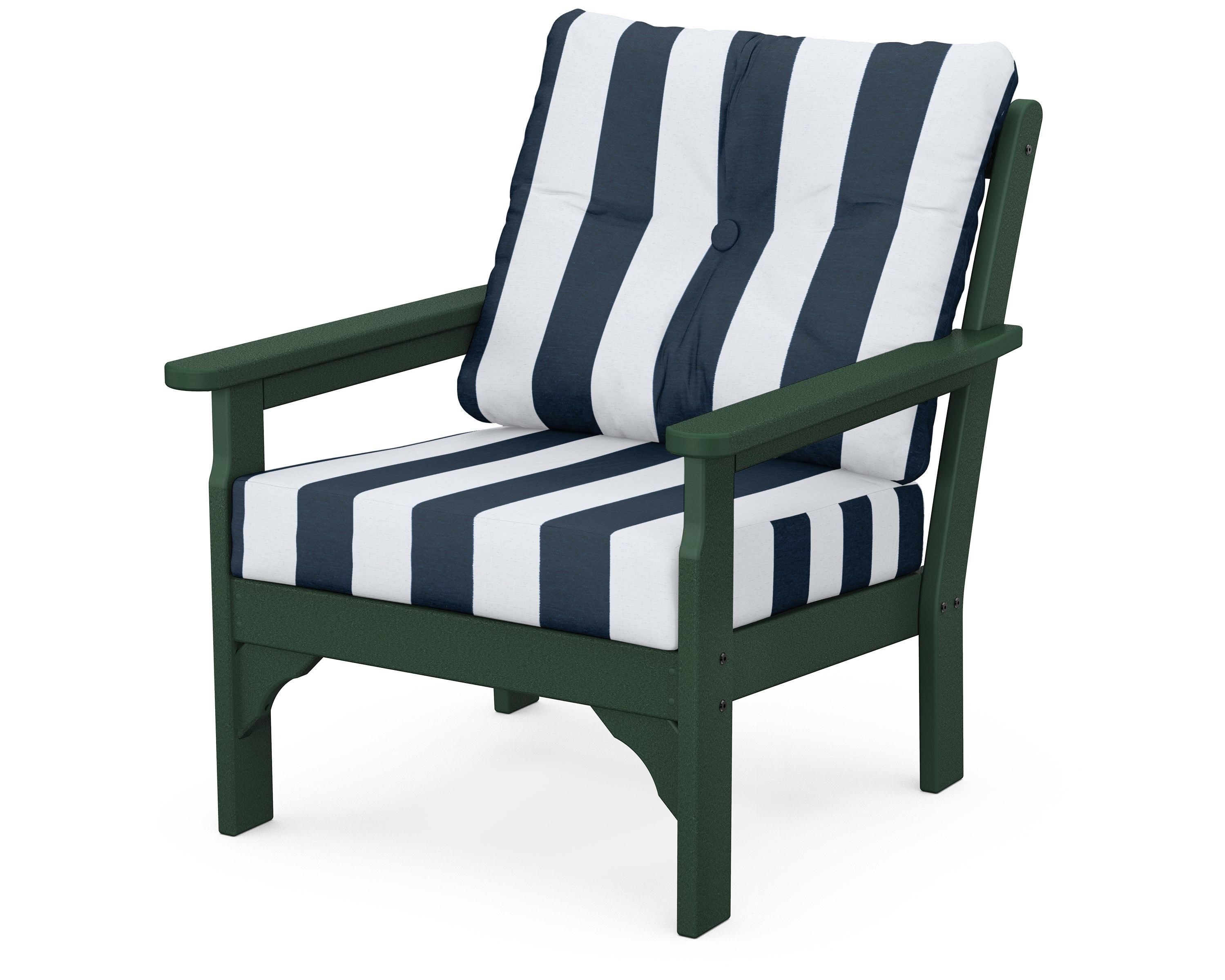POLYWOOD® Vineyard Deep Seating Chair in Green / Cabana Stripe Marine Indigo