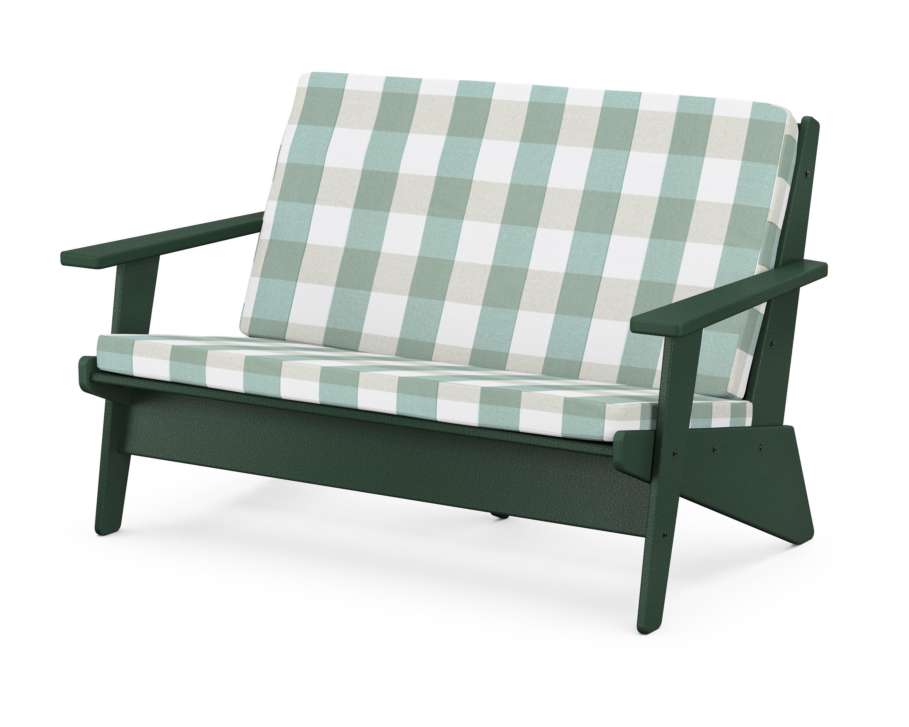 POLYWOOD® Riviera Modern Lounge Loveseat in Green / Buffalo Plaid Glacier Spa