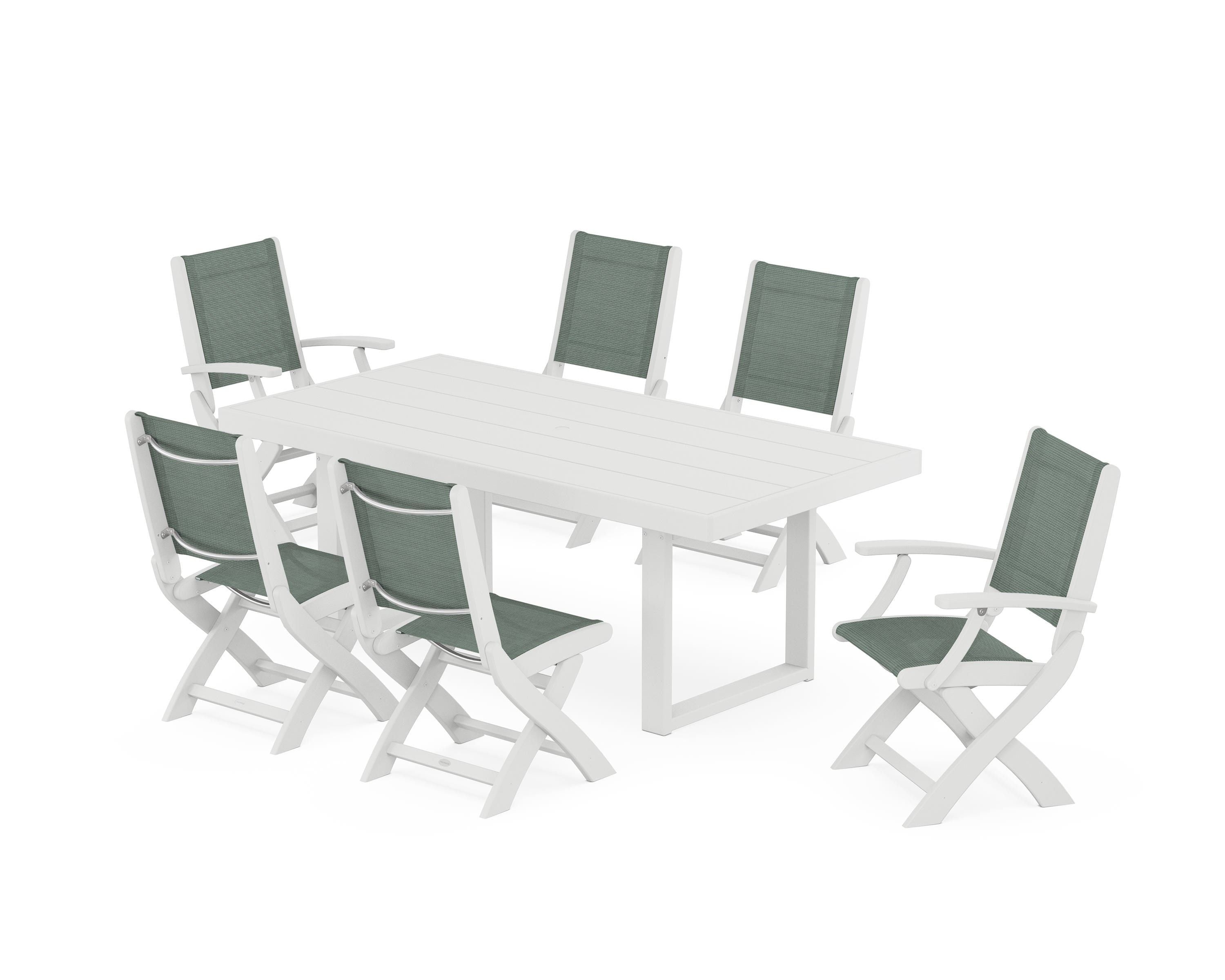 POLYWOOD® Coastal Folding Chair 7-Piece Dining Set with Trestle Legs in White / Dupioni Sea Mist Sling