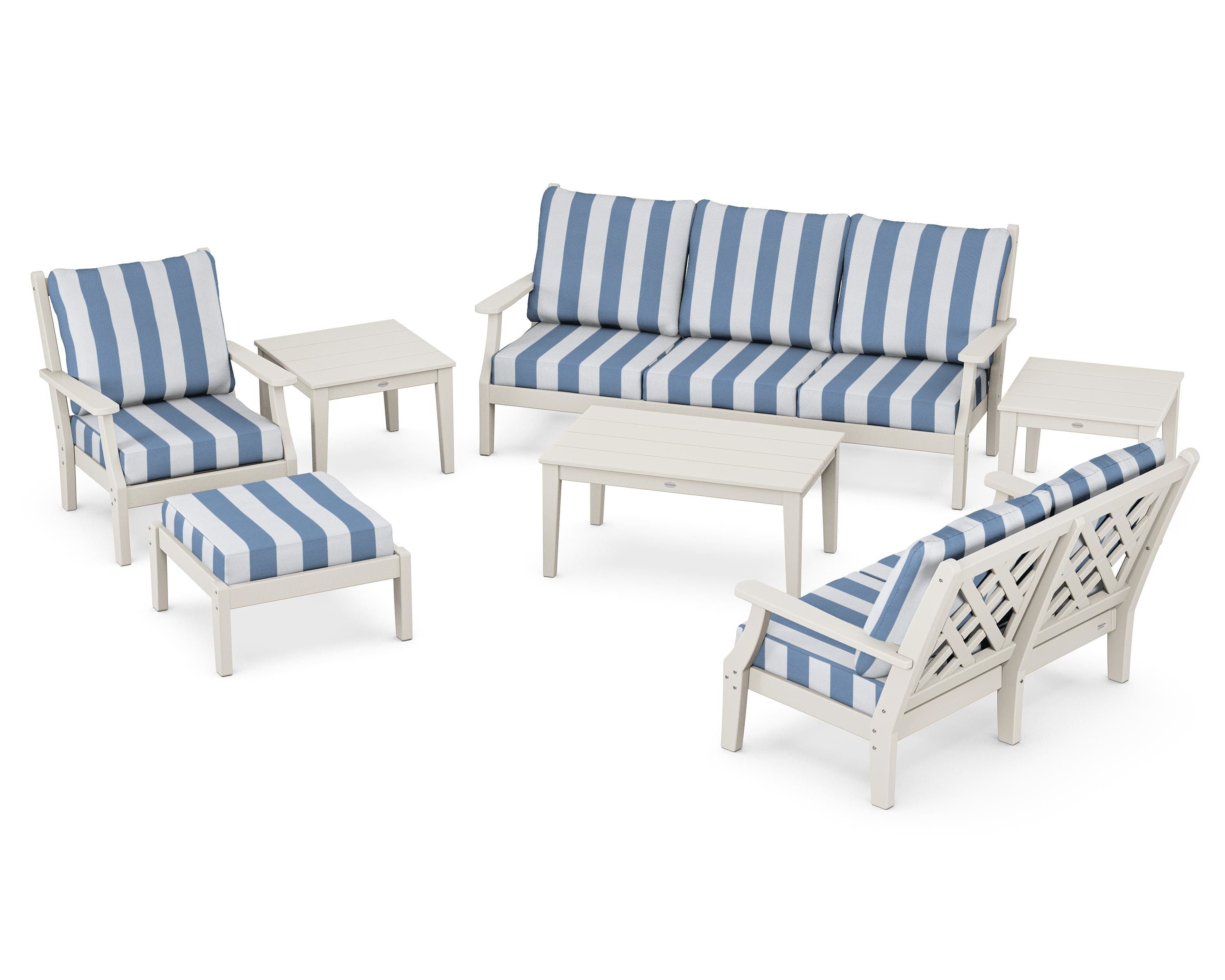 Country Living Wovendale 7-Piece Deep Seating Set in Sand / Cabana Stripe Sky Blue