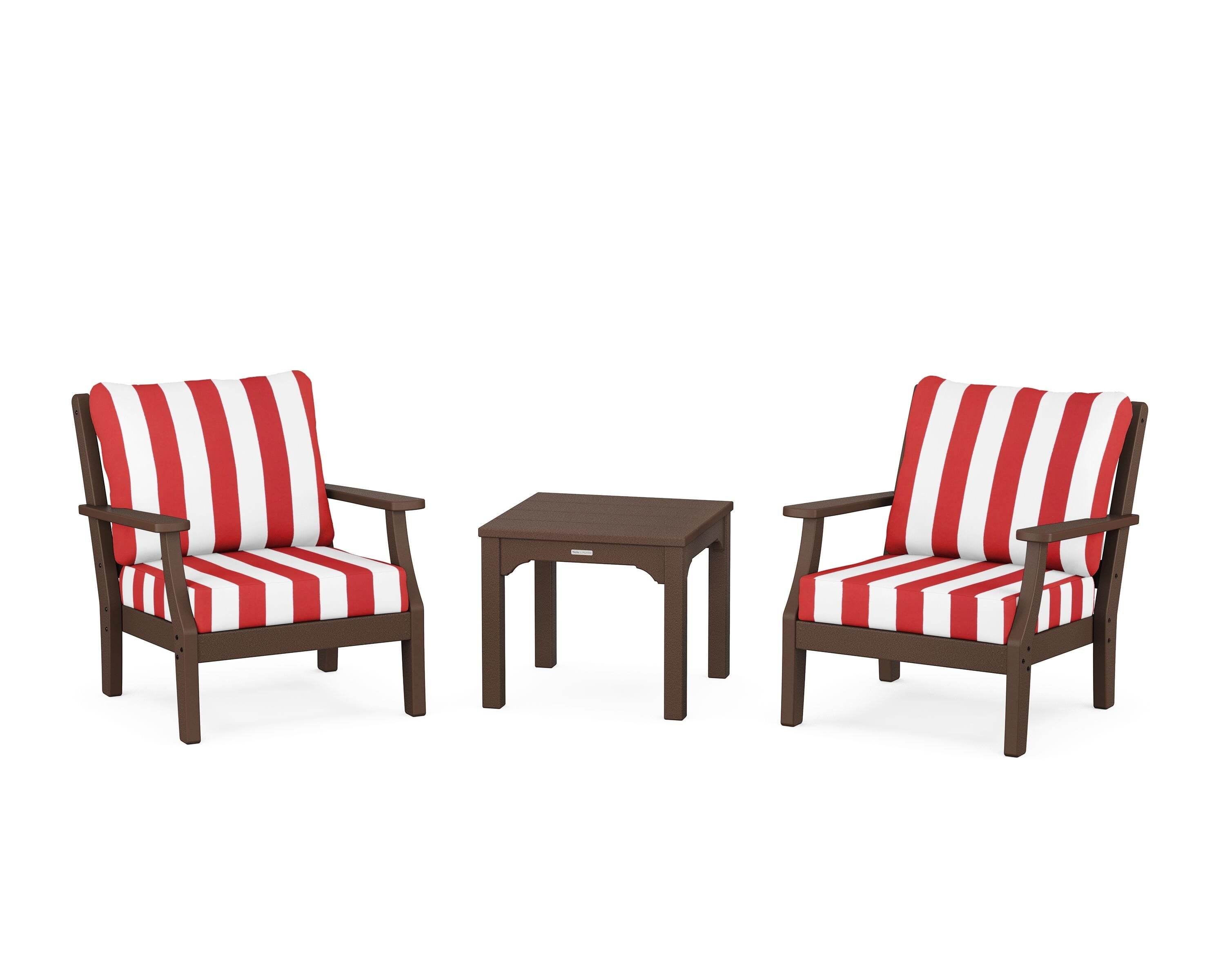 Martha Stewart by POLYWOOD® Chinoiserie 3-Piece Deep Seating Set in Mahogany / Cabana Stripe Crimson
