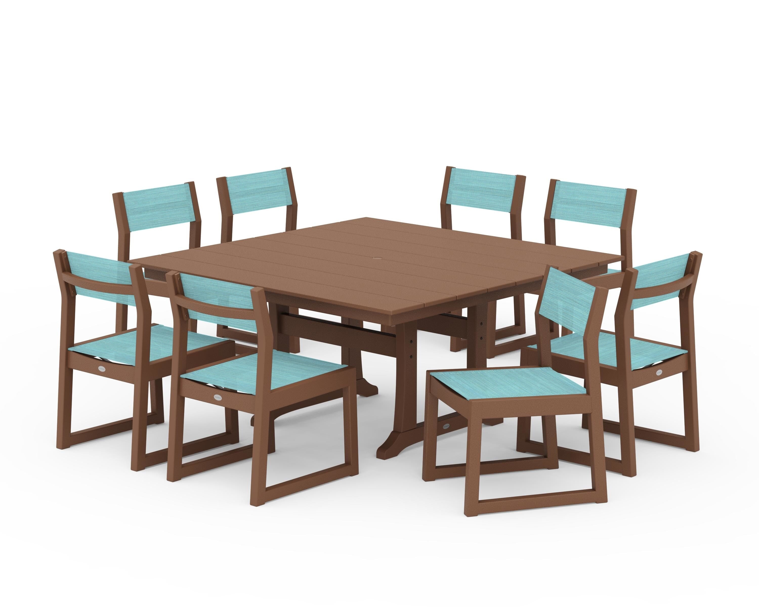 POLYWOOD® EDGE Sling Side Chair 9-Piece Farmhouse Trestle Dining Set in Teak / Dupioni Aquamarine Sling