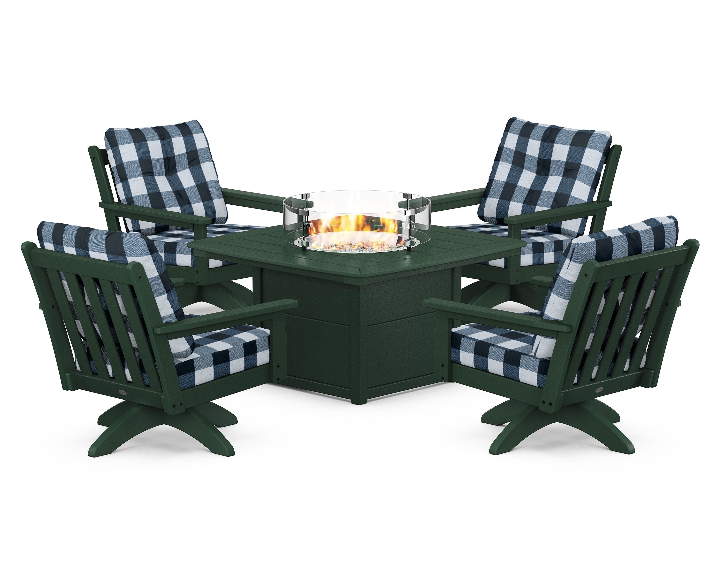 POLYWOOD® Vineyard 5-Piece Deep Seating Swivel Conversation Set with Fire Pit Table in Green / Buffalo Plaid Marine Indigo