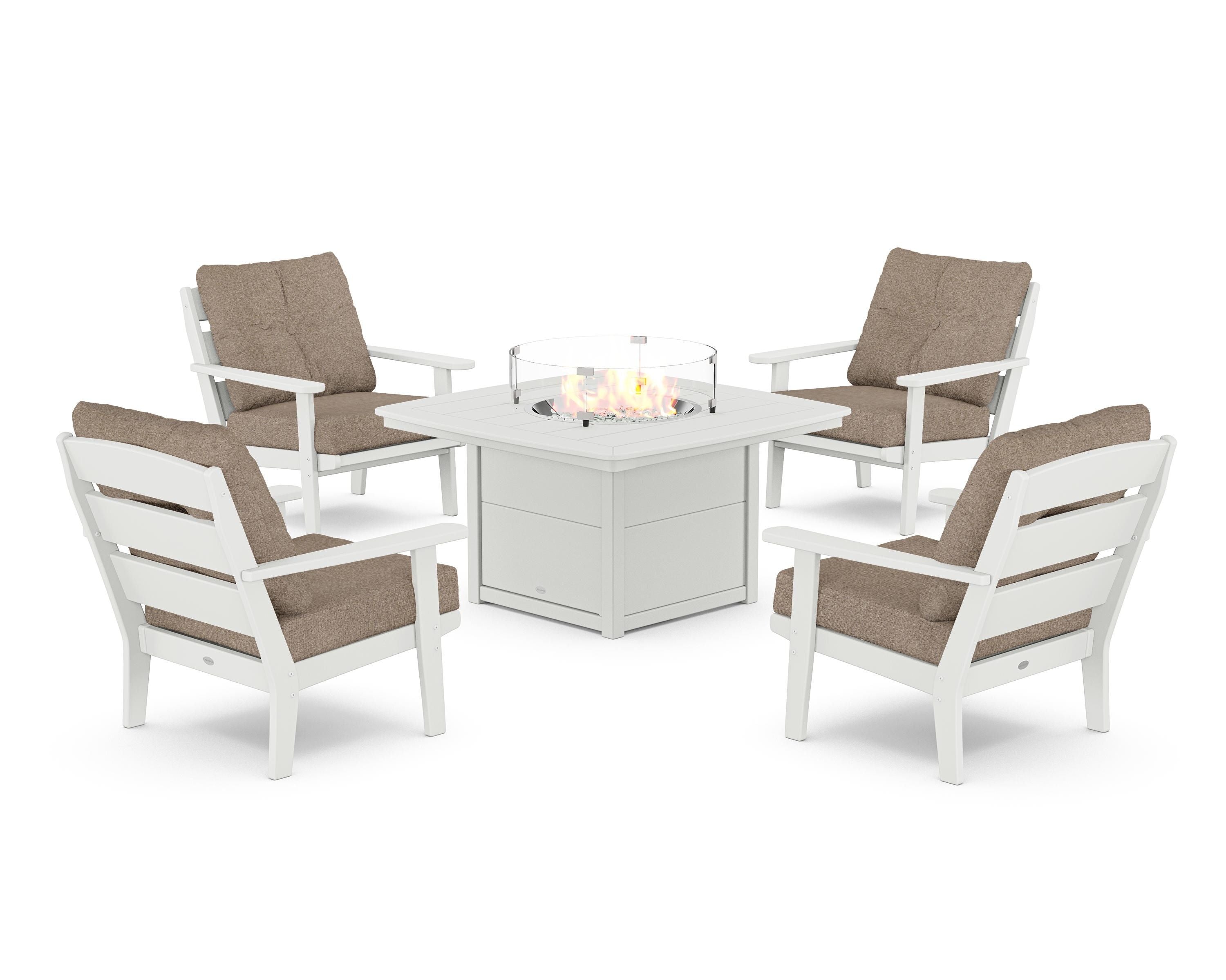 POLYWOOD® Lakeside 5-Piece Deep Seating Set with Nautical Fire Pit Table in White / Spiced Burlap