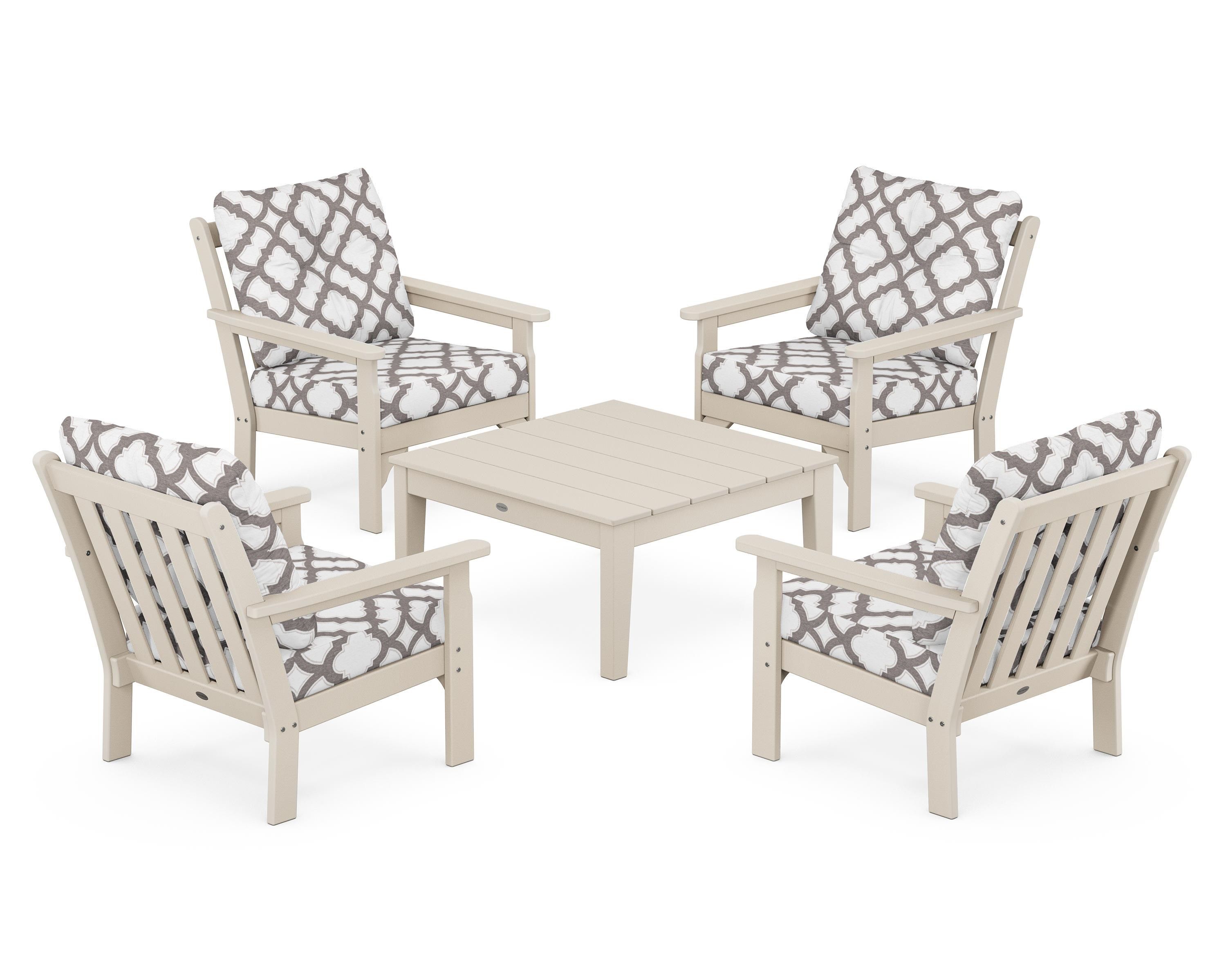 POLYWOOD® Vineyard 5-Piece Deep Seating Conversation Set in Sand / Trellis Grey Mist