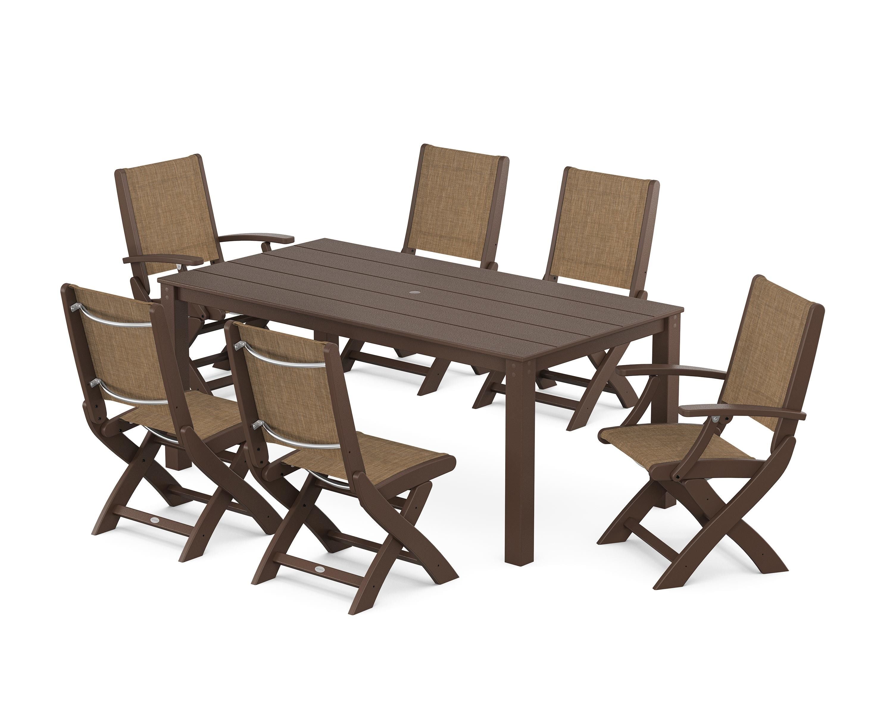 POLYWOOD® Coastal Folding Chair 7-Piece Parsons Dining Set in Mahogany / Burlap Sling