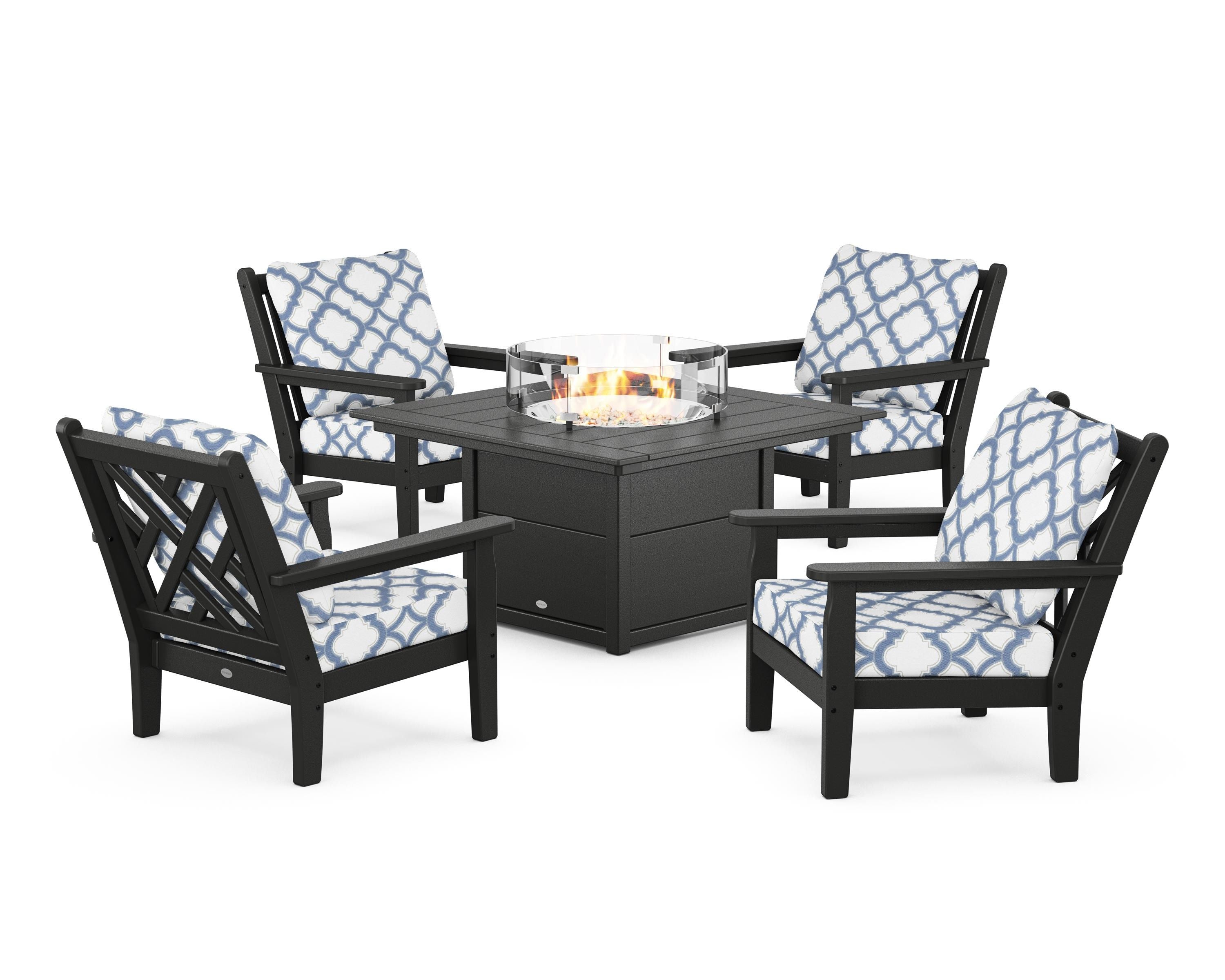 POLYWOOD® Chippendale 5-Piece Deep Seating Set with Fire Pit Table in Black / Trellis Sky Blue